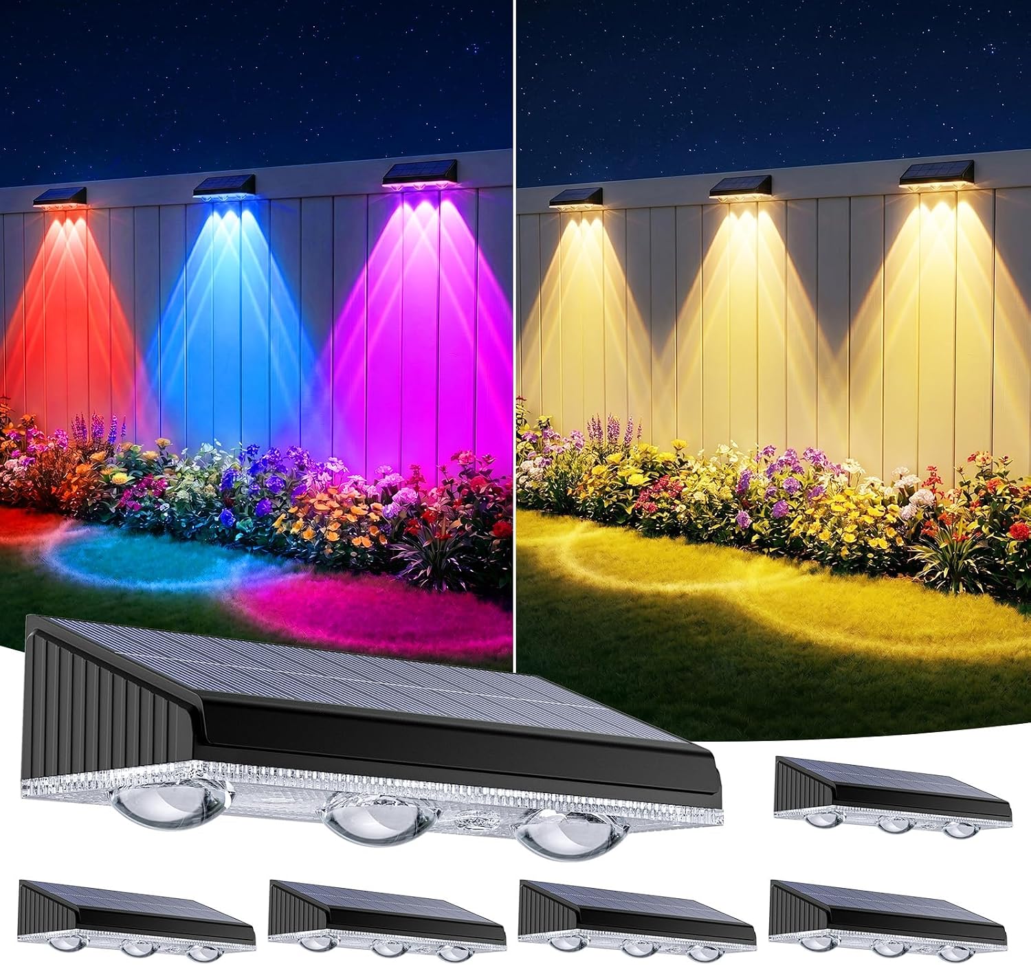 Solar Fence Lights Outdoor 6 Pack, Upgraded Brightness 3X LED Lens Fence Lights Solar Powered, 9 Fixed Colors & RGB Lights, IP65 Waterproof Solar Lights for Outside Backyard/Railing/Step/Patio