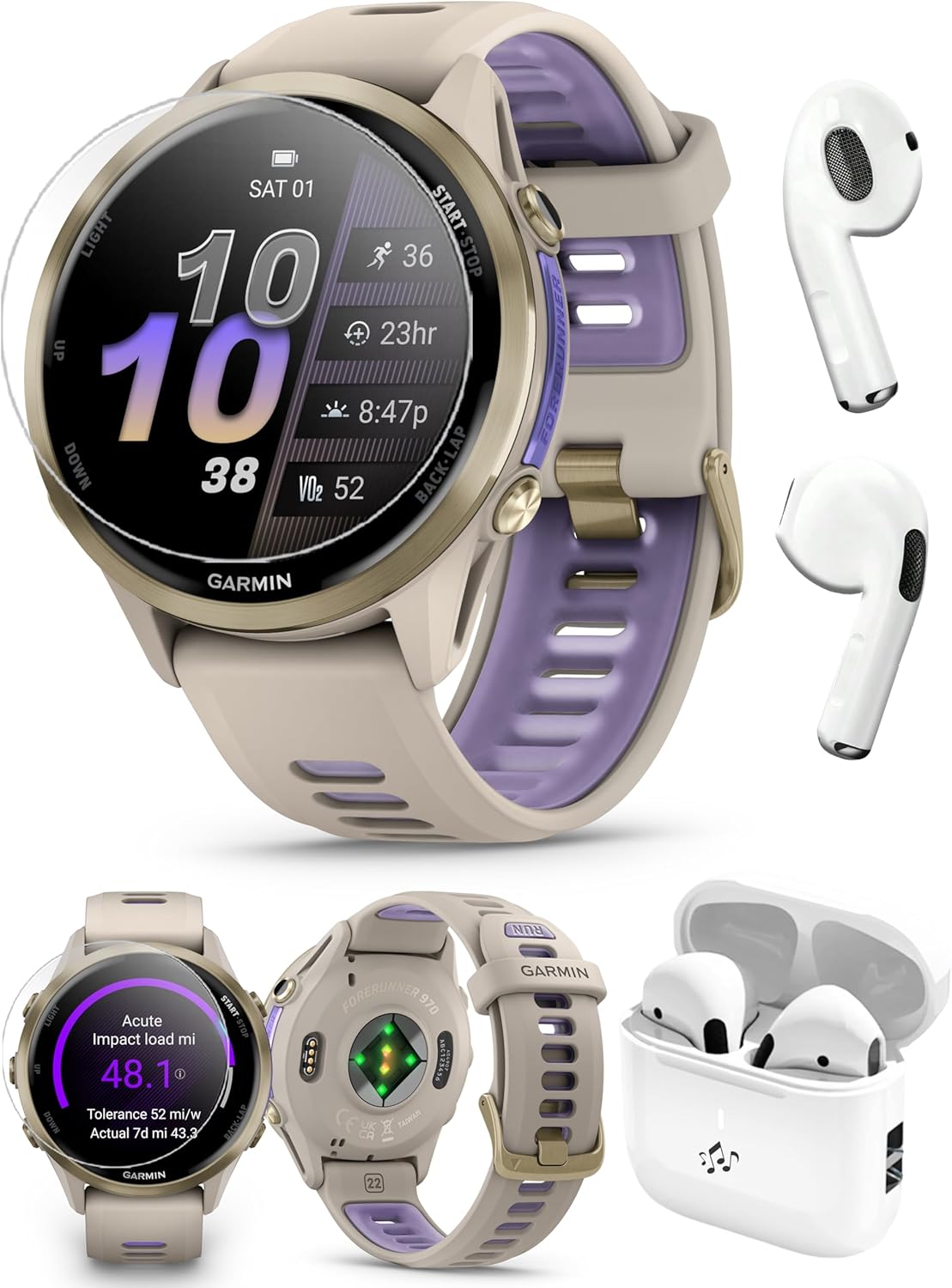 PlayBetter Garmin Forerunner 970 (Soft Gold French Gray/Translucent Indigo) Premium GPS Running & Triathlon Smartwatch - Bundle Wireless Earbuds & HD Screen Protectors