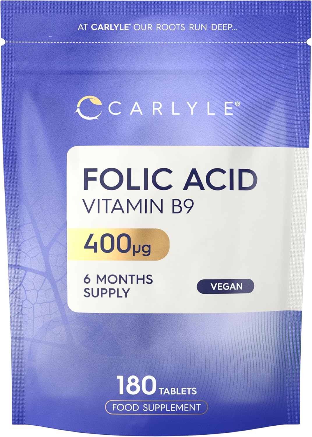Folic Acid Tablets 400mcg | 180 Count (6 Months Supply) | High Strength Vitamin B9 Supplement for Pregnancy Support | Suitable for Vegetarians and Vegans | No Artificial Preservatives | by Carlyle