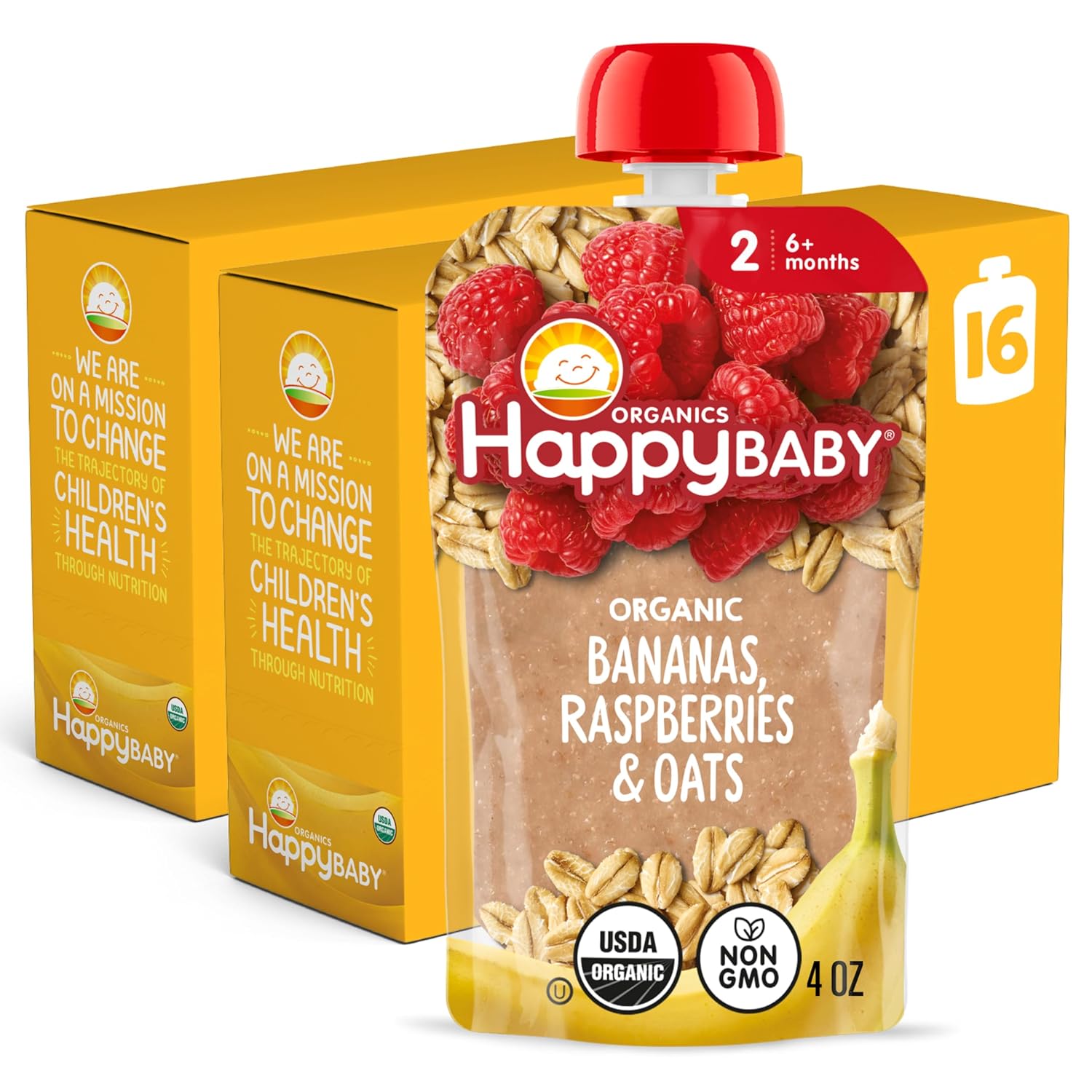 Happy Baby Organics Stage 2 Baby Food Pouches, Gluten Free, Vegan & Healthy Snack, Clearly Crafted Fruit & Veggie Puree, Bananas, Raspberries & Oats, 4 Ounces (Pack of 16)