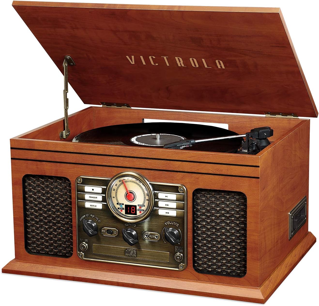 Victrola Ashford – 3-Speed Belt Driven Bluetooth Record Player with CD, Cassette, FM Radio, Aux-In & Built-In Stereo Speakers (Mahogany)
