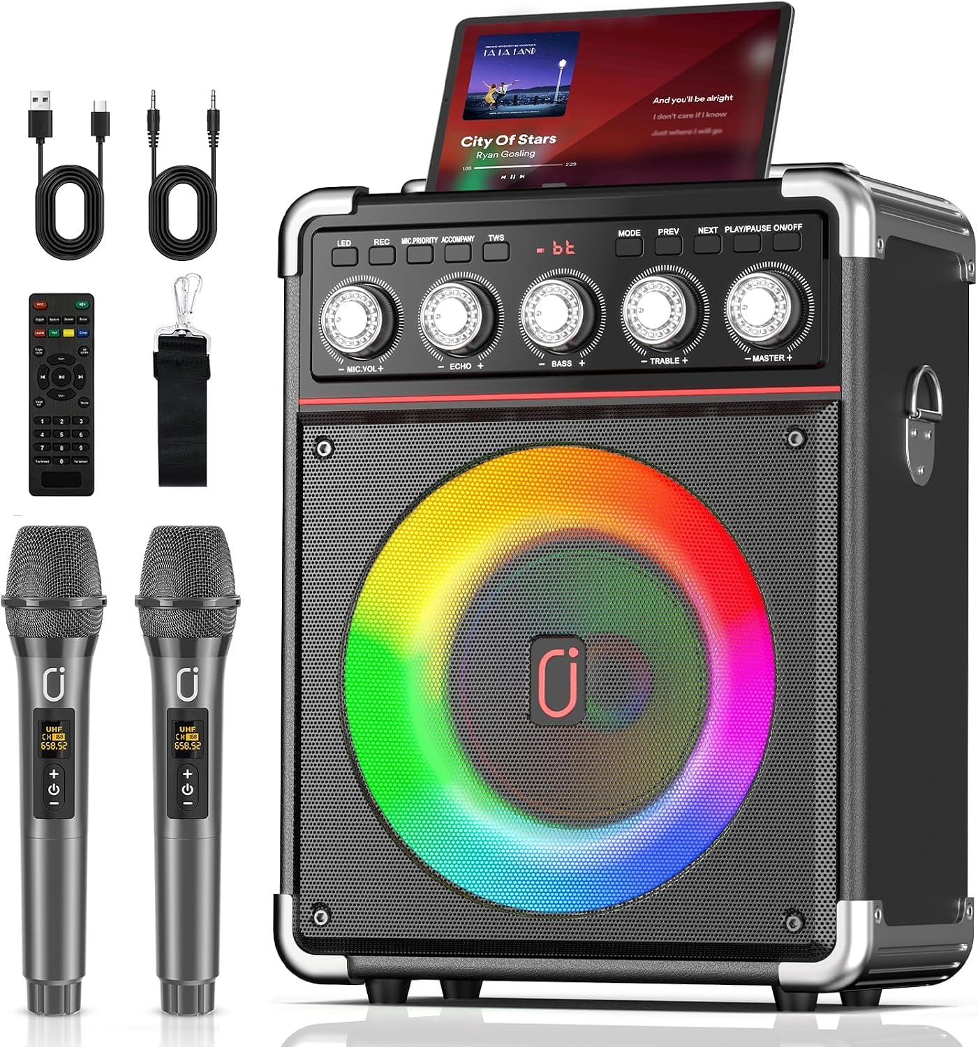 Karaoke Machine with 2 Mics for Adults with Bass/Treble/Echo, 6.5" Woofer