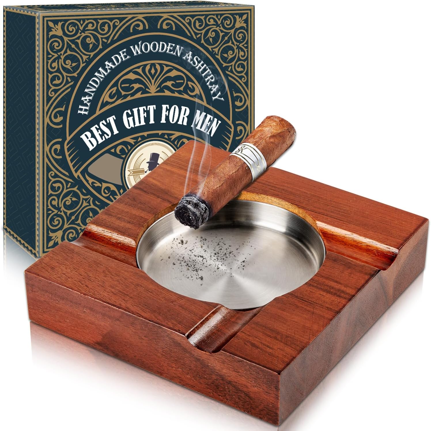 Wood Cigar Ashtray Accessories for Cigarettes - Indoor Outdoor Patio Home Office Use - Square Wooden Brown Ash Tray Gift Set for Men With Gift Box (Classic)