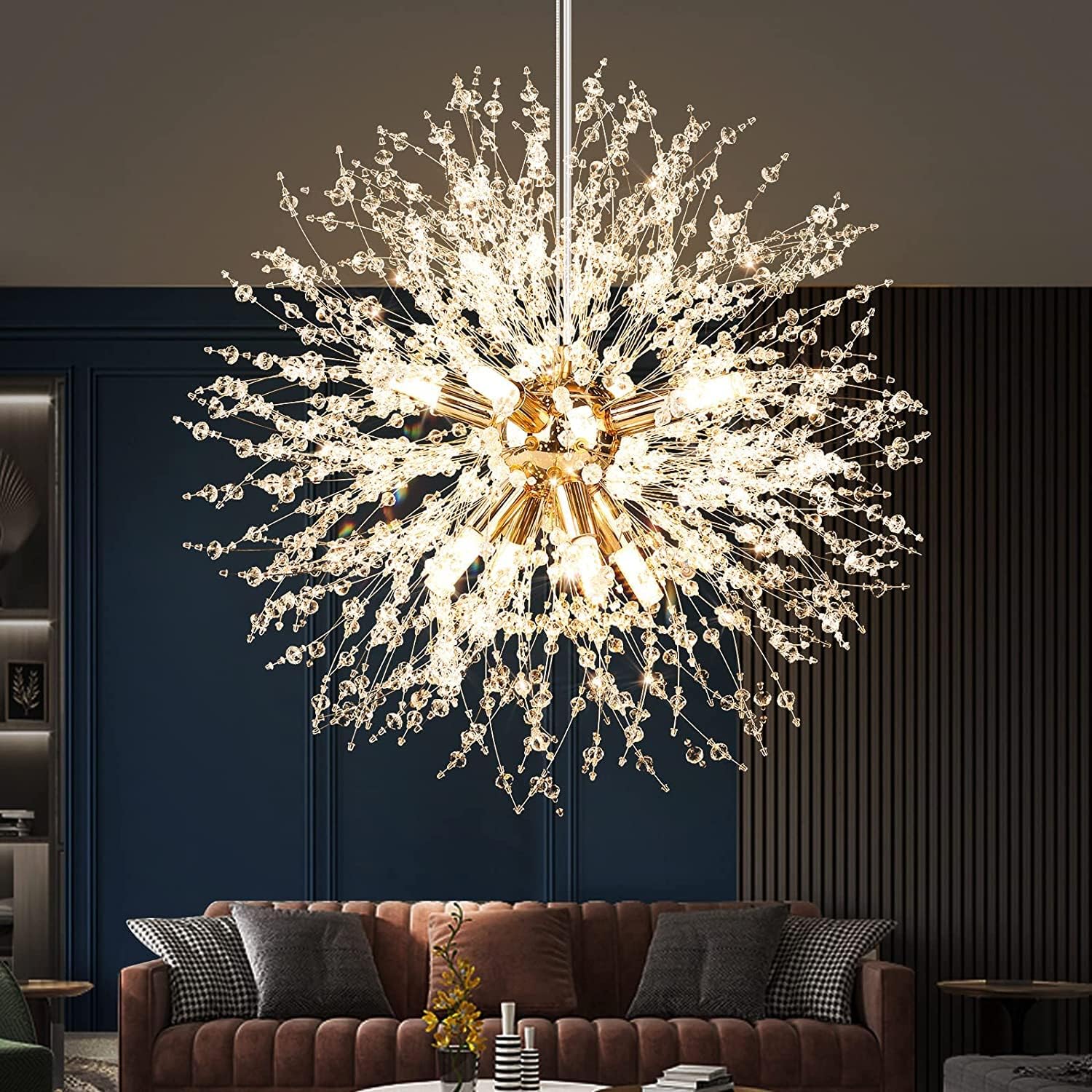 Modern Firework Gold 8 Lights Crystal Chandeliers, Sputnik Dandelion Chandelier Light Fixture Pendant Lighting for Bedroom, Foyer, Hallway, Entryway, Kitchen, Dining Room