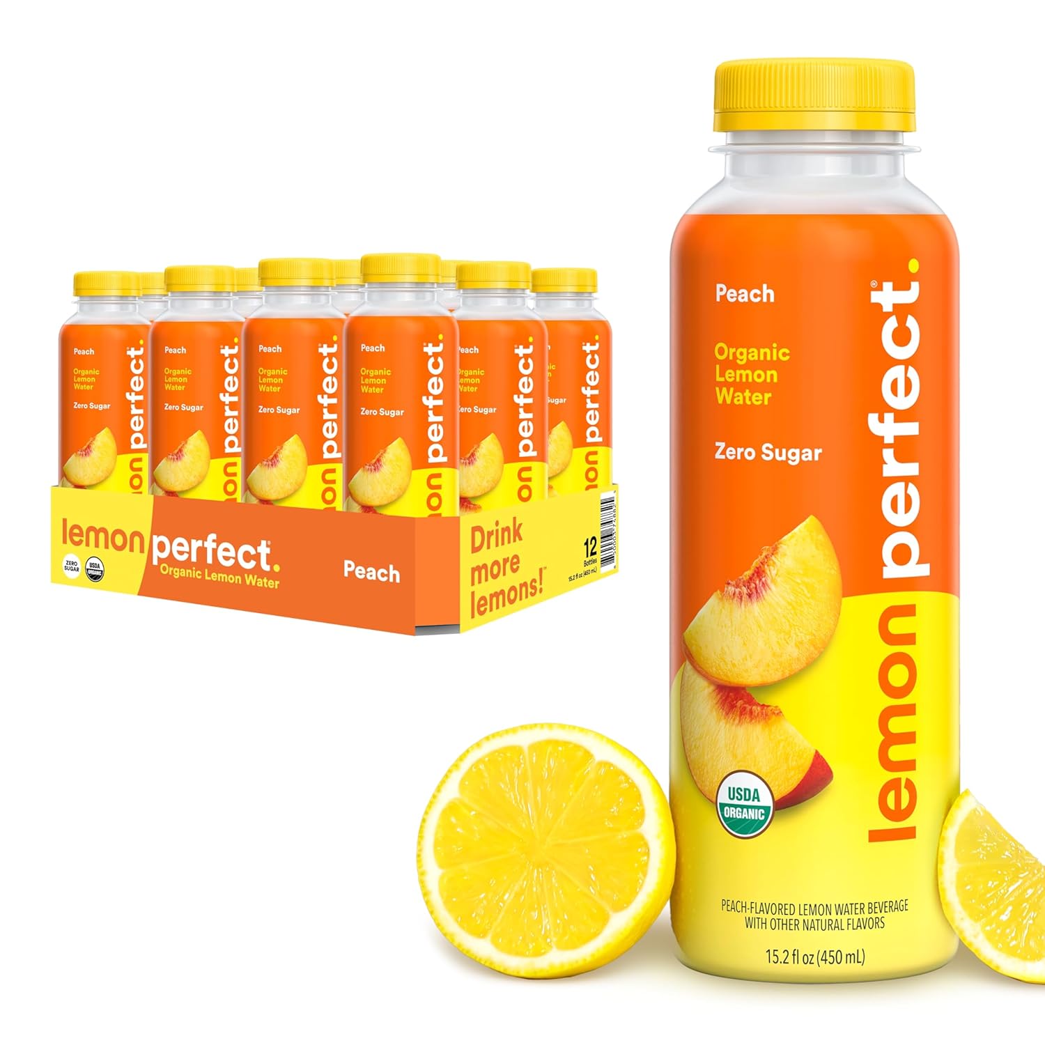 Lemon Perfect Peach, Flavored Lemon Water, Organic, Zero Sugar, Healthy Hydration Drinks, 15.2 fl oz Bottles (12-Pack)