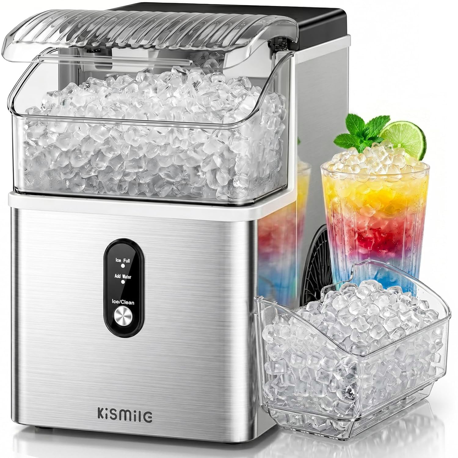 Kismile Nugget Ice Maker Countertop, 35Lbs/24H Pebble Ice Maker with Chewable Pellet ice, First Ice in 7 Mins, Self-Cleaning Ice Machine with Removable Basket for Home & Kitchen(Sliver