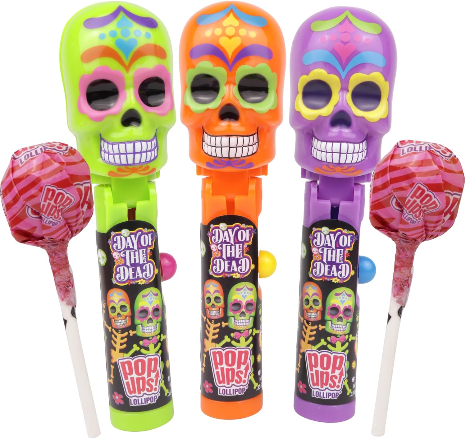 Halloween Day of the Dead Pop Ups, Sugar Skull Lollipop Holders, Strawberry Flavored Suckers, Style May Vary (Pack of 3)