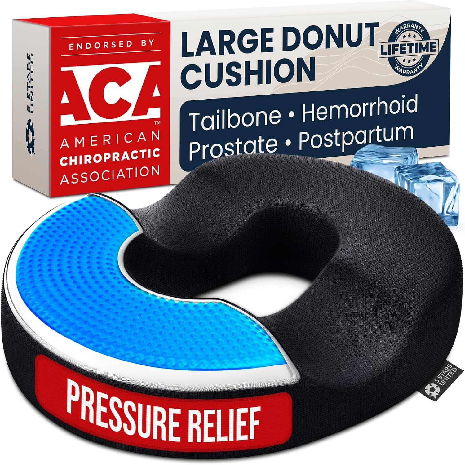 5 STARS UNITED Donut Cushion – Large Memory Foam Pillow with Cooling Gel – Tailbone & Coccyx Support – Hemorrhoid-Friendly Ring Shape – Office Chair, Car, Desk & Wheelchair – Arctic Black