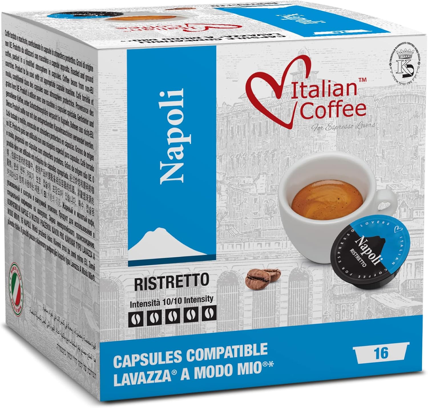 Italian Coffee capsules compatible with Lavazza A Modo Mio machines, Espresso pods ("Napoli" Ristretto Blend, 128 Pods)