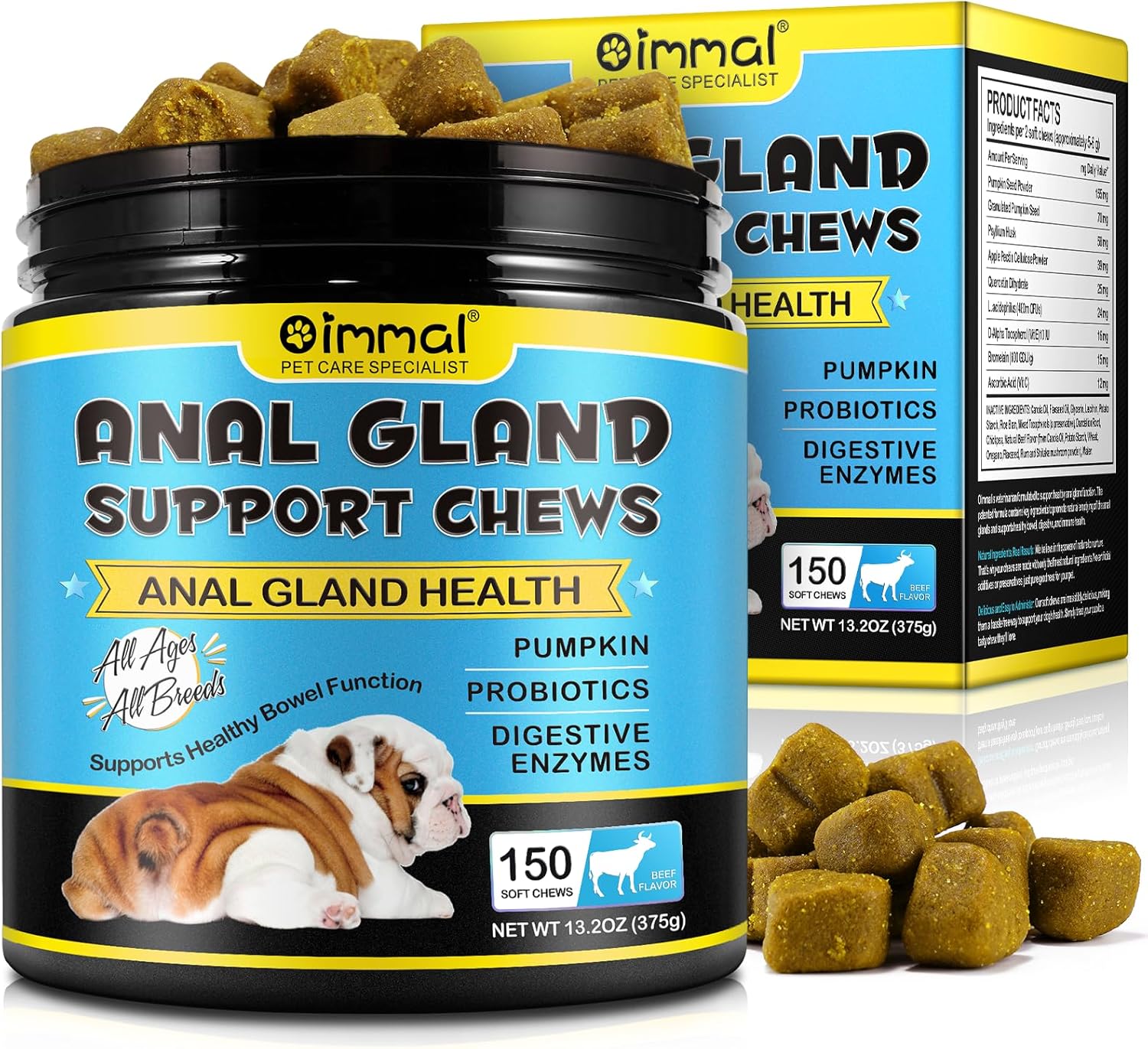 Anal Gland Soft Chew Treats with Pumpkin for Dogs，150 Count Digestive Enzymes, Probiotics Fiber Supplement for Dogs