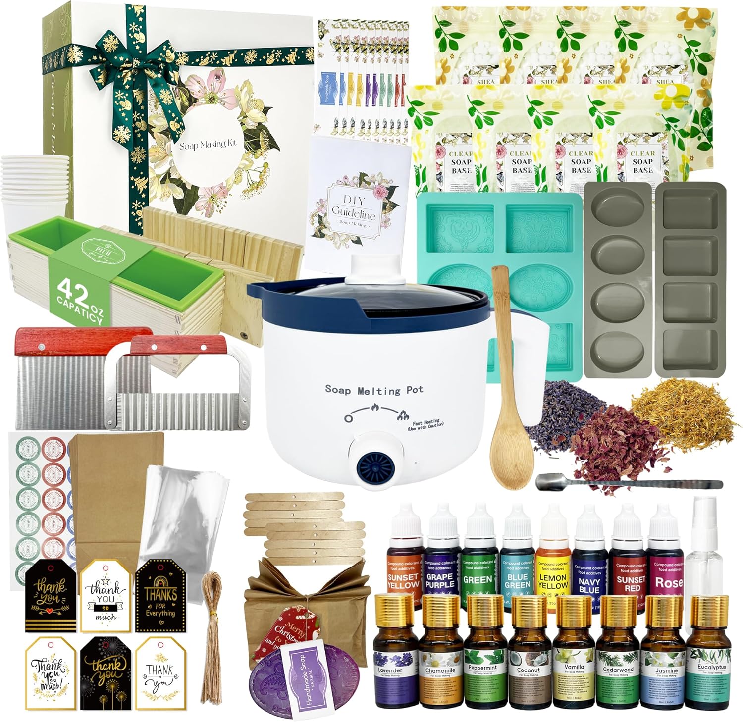 PIUH Deluxe Soap Making Kit for Soap Making,DIY Soap Making Full Set Kits Includes Soap Melter,4 lb Soap Base,8 Essencial Oils,Silicone Loaf Molds & Scraper,Cutter, 8 Dyestuffs for Adult & Kids Gift