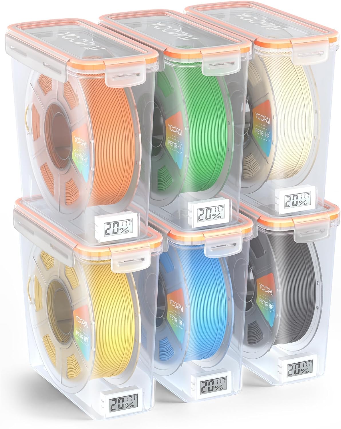 YOOPAI Pro Filament Storage Box with Temperature & Humidity Monitor, Airtight Filament Container for 1kg 1.75mm Spools, Moisture & Dust Resistant 3D Filament Storage with Reusable Desiccants, 6 Pack