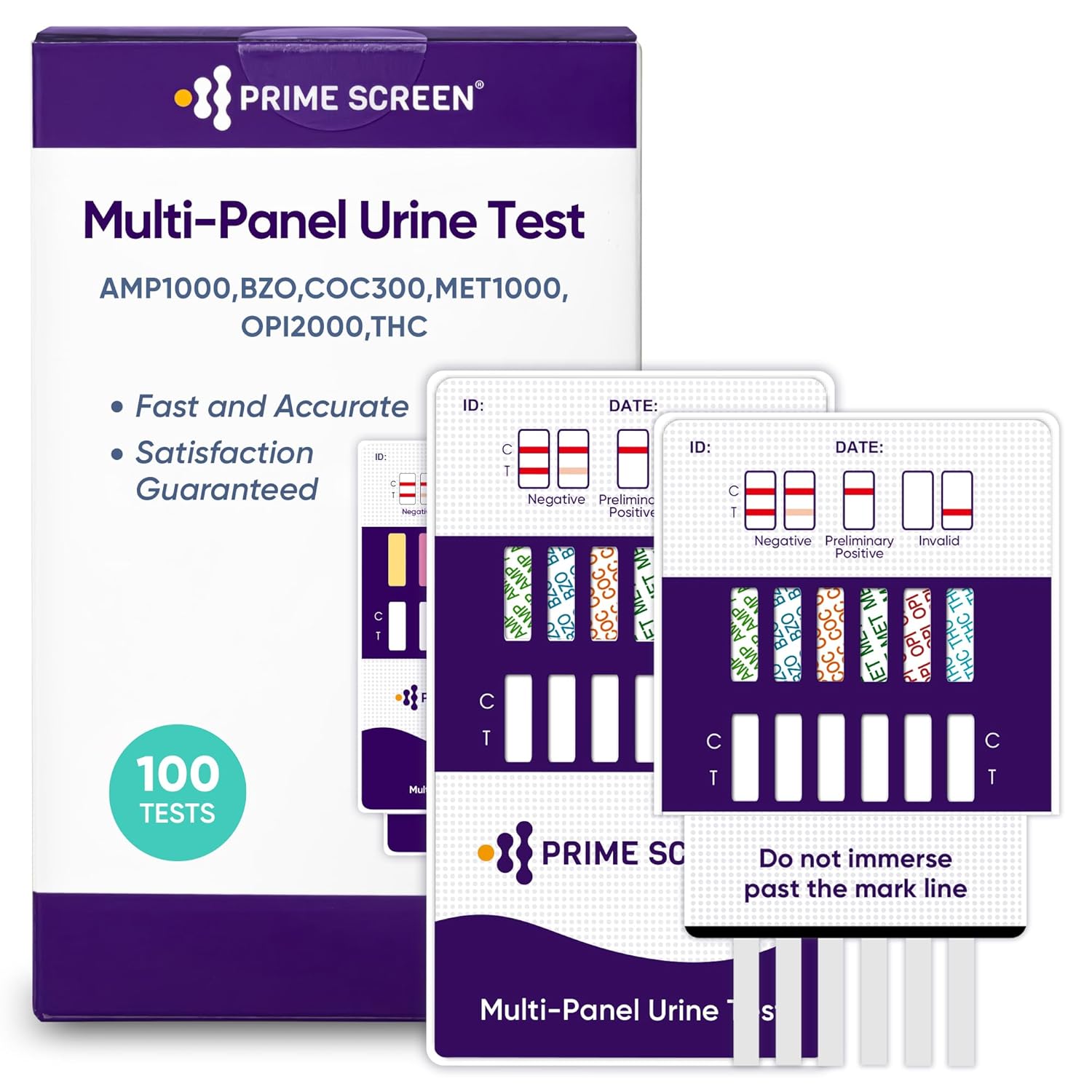 Prime Screen [100 Pack] 6 Panel Urine Drug Test Kit (THC-Marijuana, BZO-Benzos, MET-Meth, OPI, AMP, COC), WDOA-264