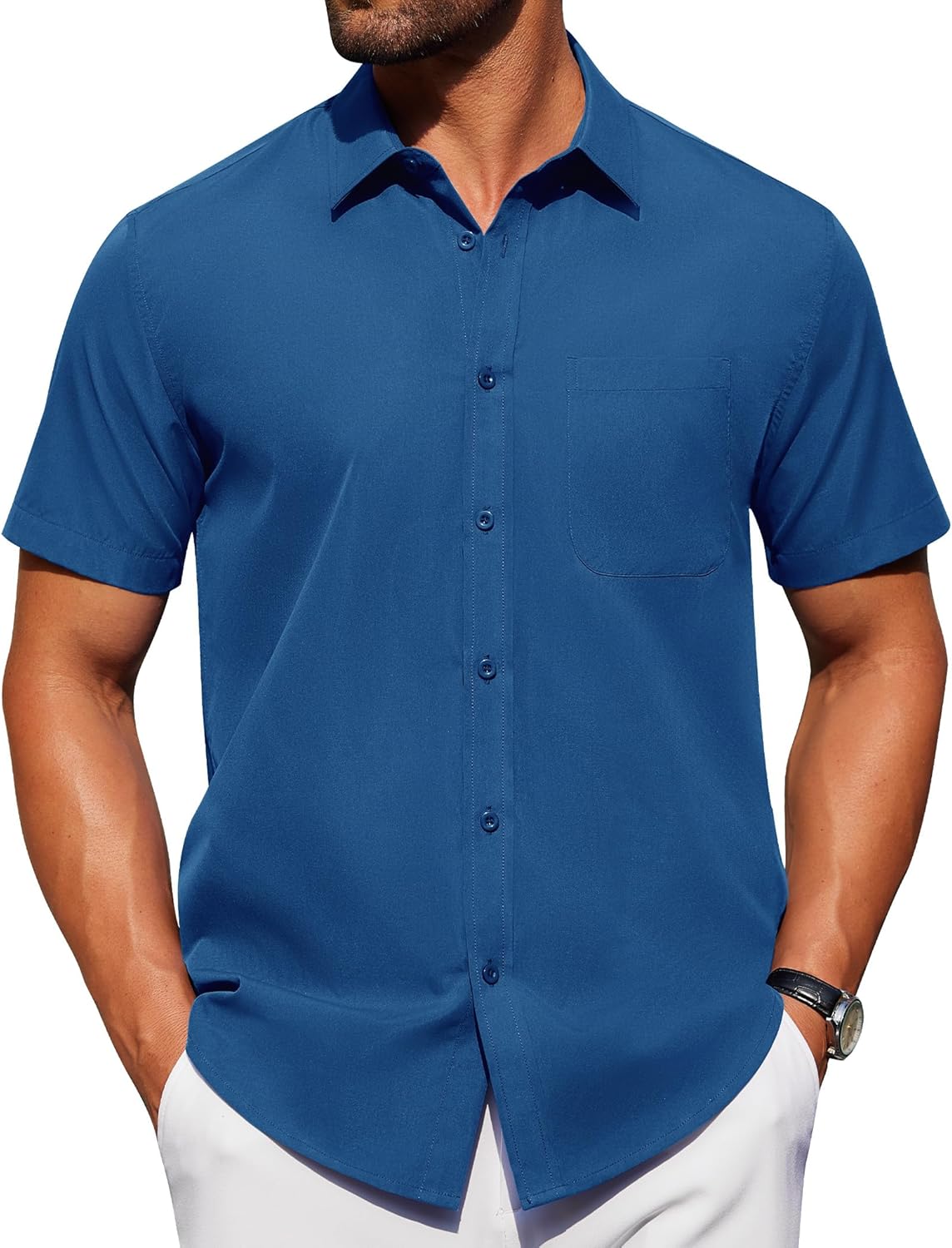 Alimens & Gentle Mens Short Sleeve Dress Shirt Wrinkle Free Solid Casual Button Down Shirts for Summer Business Wedding
