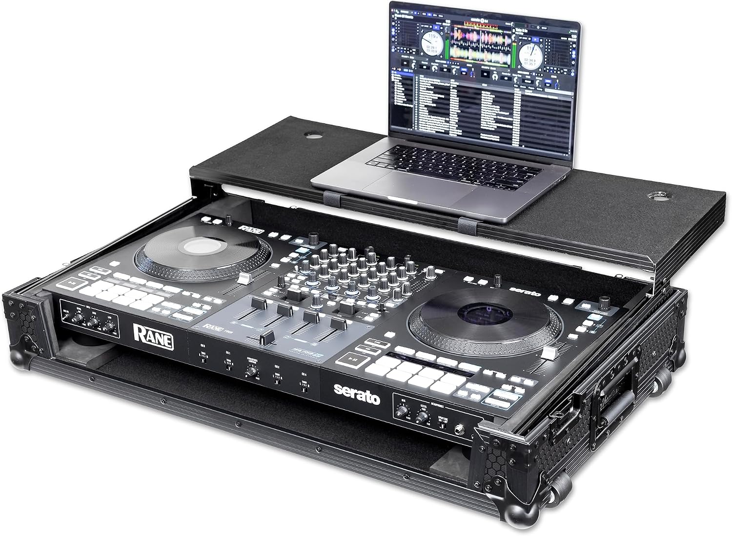 Headliner Pitch Black Flight Case Compatible with Rane Four & Rane Performer with Laptop Platform & Wheels
