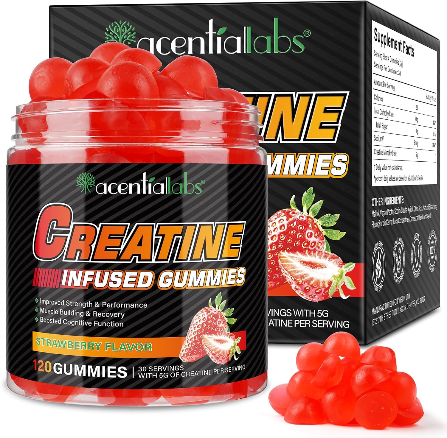Creatine Gummies, Creatine Monohydrate Gummies for Men & Women - 5g Creatine Monohydrate Per Serving, Supports Muscle Growth, Energy Boost, 120 Gummies