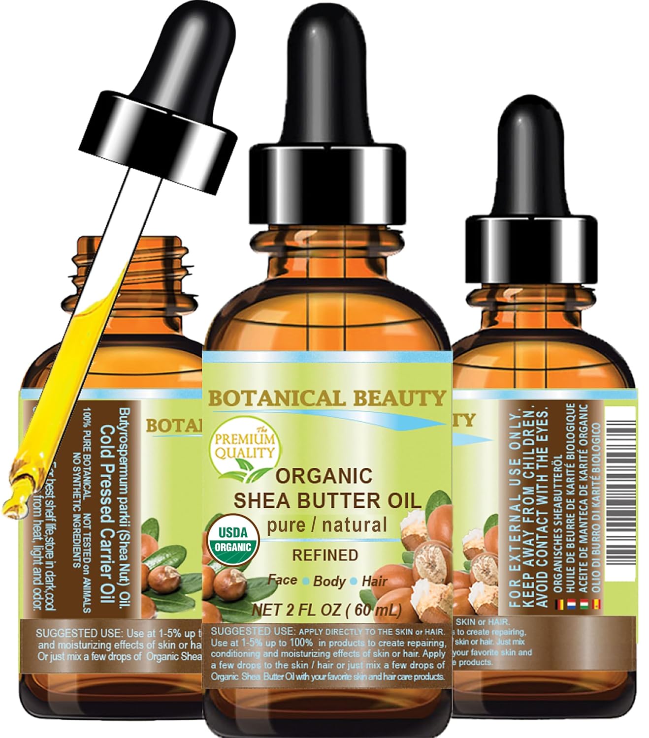 Botanical Beauty Organic SHEA BUTTER OIL 100% Pure Natural Undiluted Refined Cold Pressed Carrier Oil for Face, Skin, Hair, Lip, Nails. African Shea (Karite) Nut Oil (2 Fl Oz)