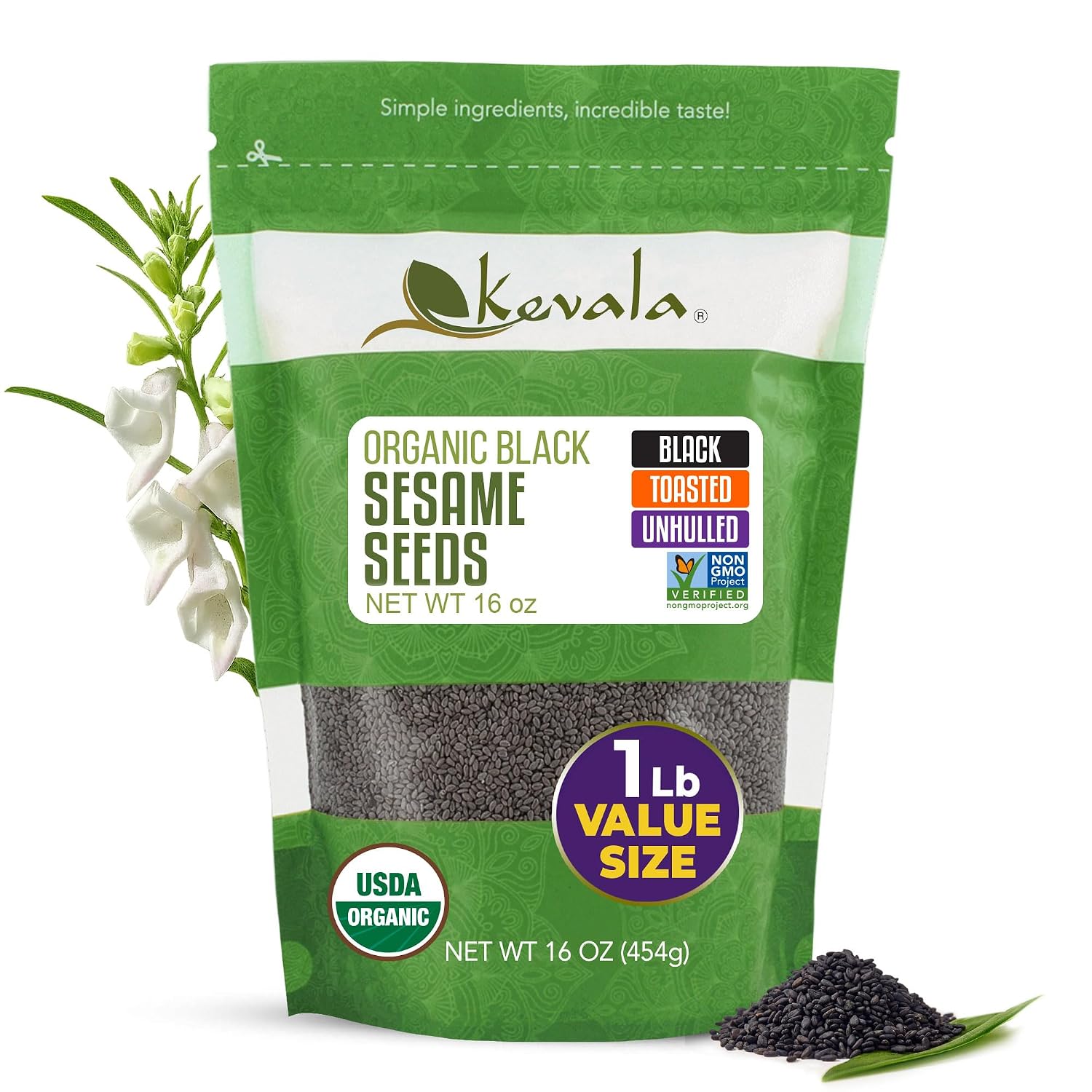 Kevala Organic Black Toasted Sesame Seeds - 1 lb, Unhulled Roasted Seeds