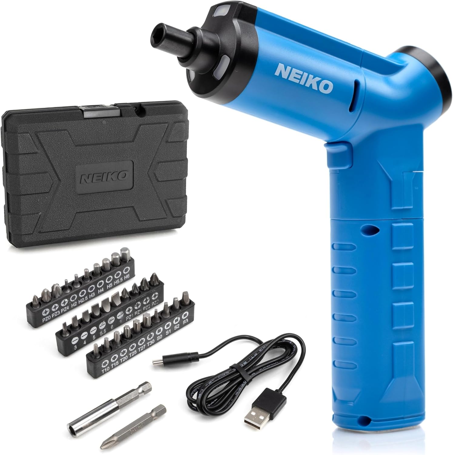 NEIKO 10580A Electric Screwdriver, 34pc Rechargeable Cordless Screwdriver Set, 1/4” Hex Shank 3.6V Lithium Ion Power Screwdriver, 3 LED Lights, USB C Charger Included, Mini Screw Driver