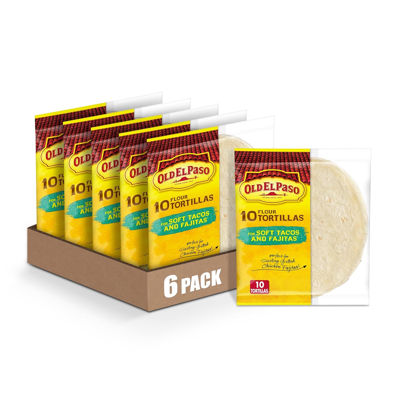 Old El Paso Flour Tortillas for Soft Tacos and Fajitas, Meal Prep, 10 Ct, 8.2 oz (Pack of 6)
