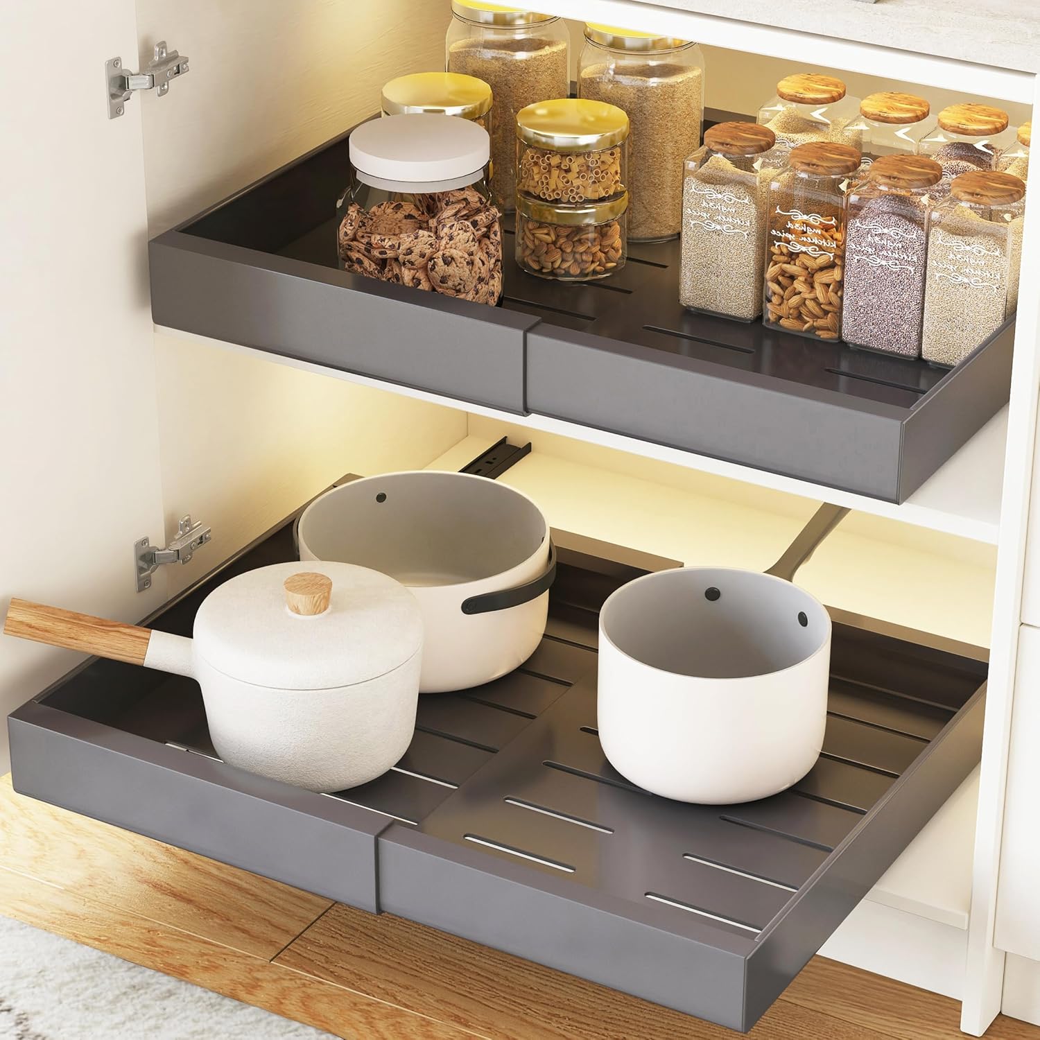 COVAODQ Pull out kitchen storage Extendable Sliding Slide Out Pantry Shelves Storage No Punch for Kitchen Base Cabinet Organization, Pantry, Bathroom Adjustable Width 31.5cm to 52cm,2 Pack