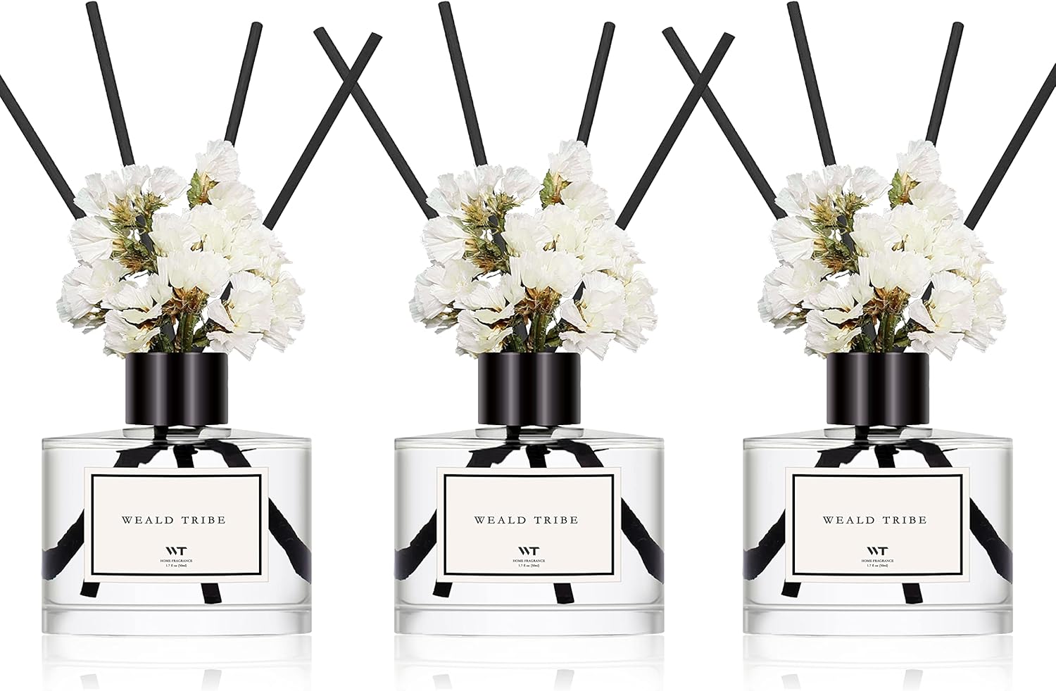 Real Flower Reed Diffuser Set Of 3 For Bathroom Air Fresheners, Oil Diffuser Sticks | Fresh Linen/Ocean/Eucalyptus & Mint Scent(1.7 fl oz Each Pack) Home Fragrance With 12 Stick | Shelf Decor
