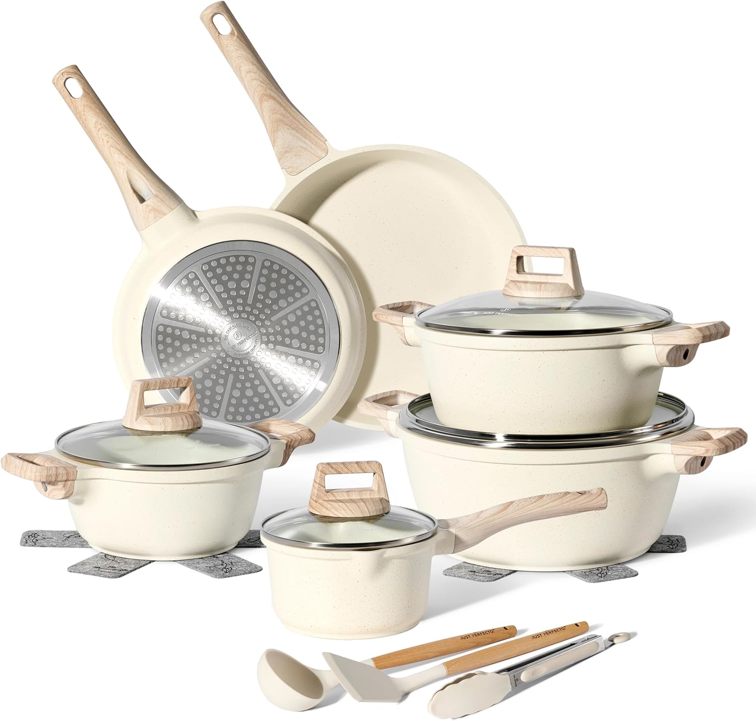 Just Perfecto Pots and Pans Sets Non Stick, Induction Hob Pan Set of 15pcs, Saucepan Set, Non Stick Frying Pan Set with Lid Stock Pot, Deep Frying Pots and Pans Set Granite Cookware Set