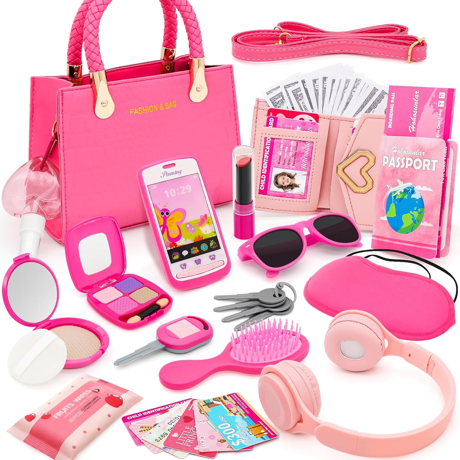 Little Girl Purse with Pretend Makeup for Toddler, 49PCS Kids Play Handbag Set - Fake Make Up Bag Wallet Toy Phone Key Credit Cards Birthday for Girl Age 3 4 5 6 7 8 Year Old