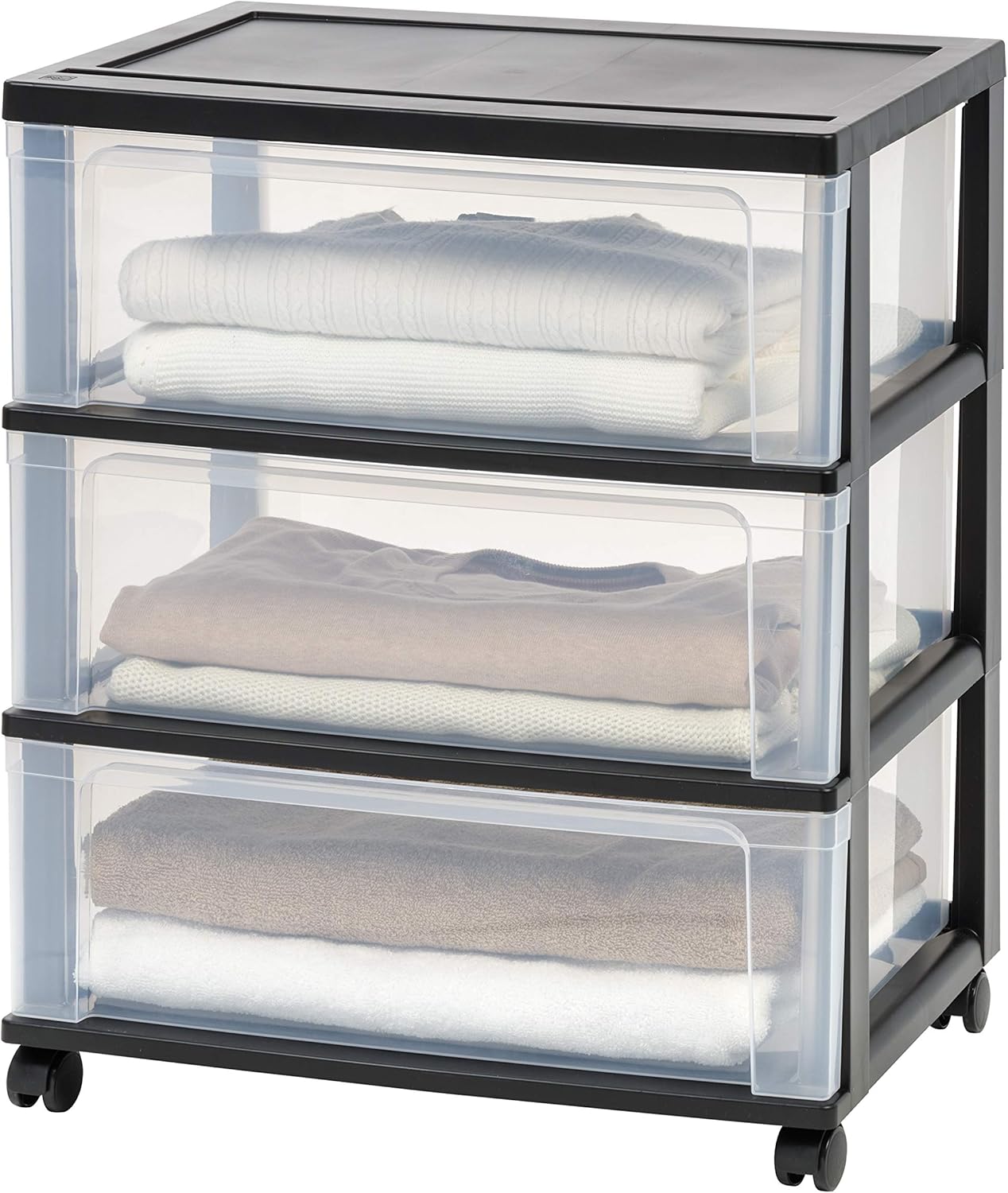 IRIS USA Plastic Drawer Storage Organizer Rolling Cart, with Wheels Casters, 3-Drawers, for Art Craft Supplies Bathroom Dorm Bedroom Laundry Room, Wide, Black