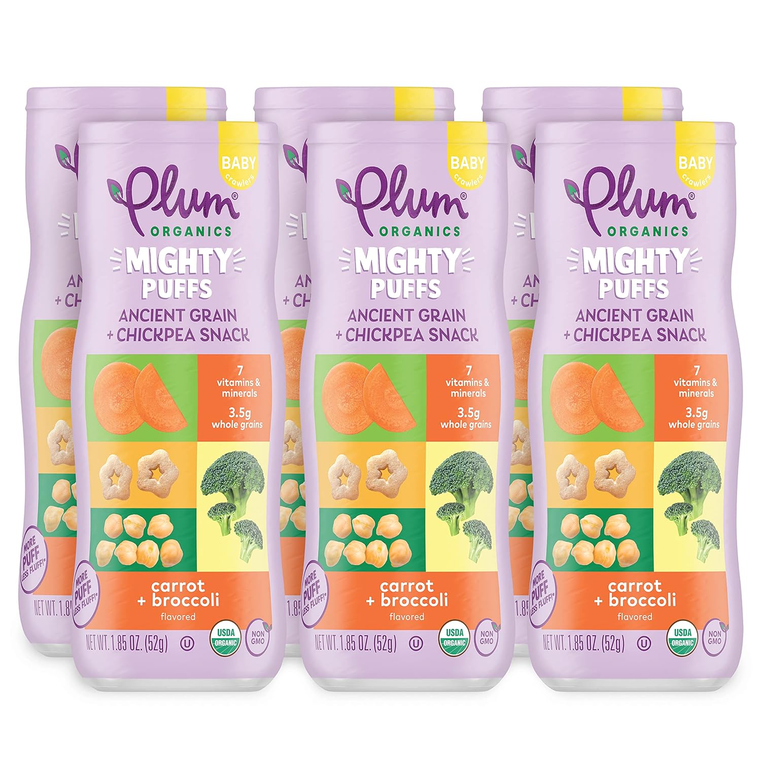 Plum Organics Mighty Puffs Ancient Grain + Chickpea Snack, Carrot + Broccoli Flavor, Baby Crawlers, Kosher, USDA Certified Organic, Non-GMO, 1.85 Ounce (Pack of 6)