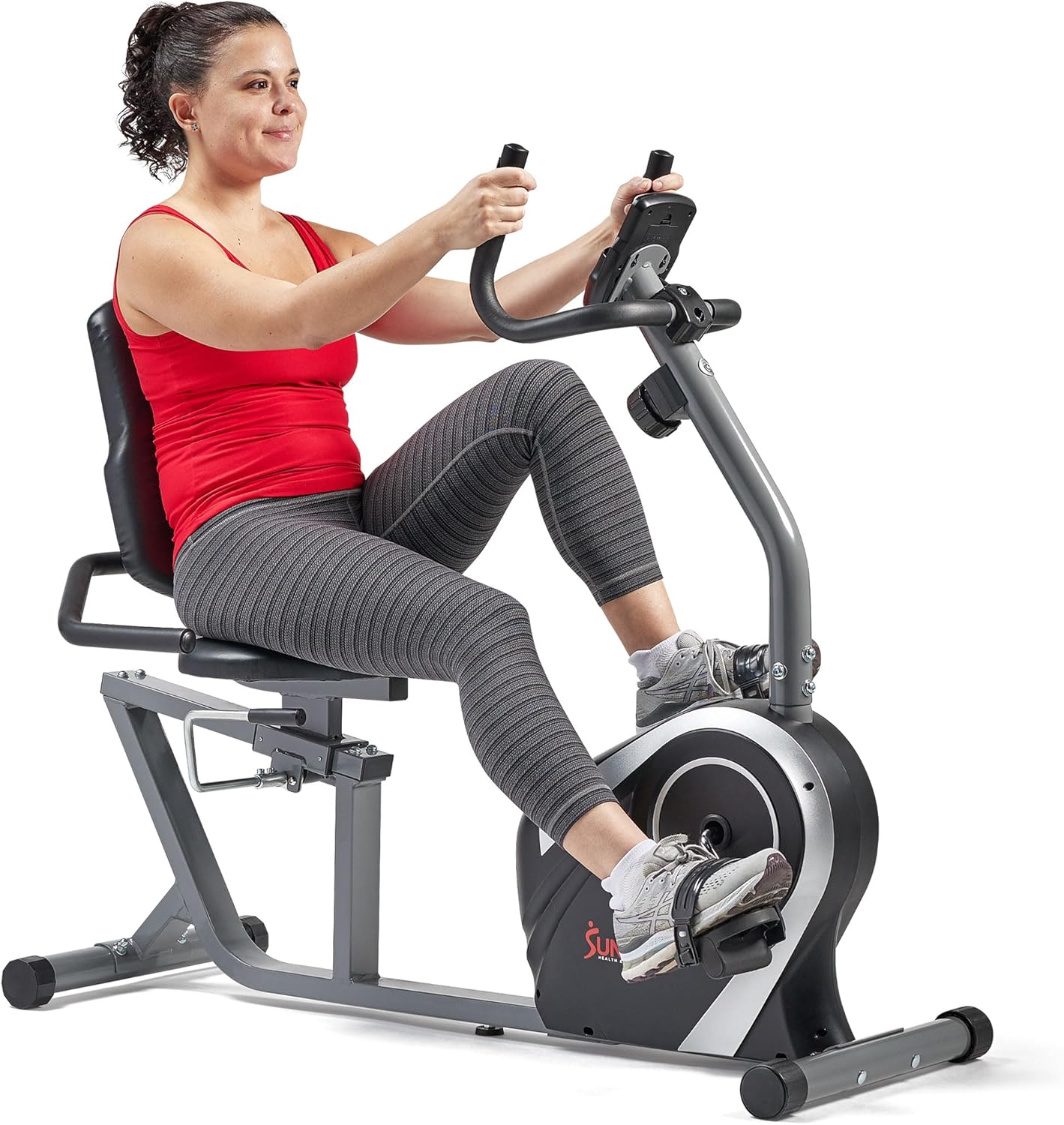 Sunny Health & Fitness Exercise Bike for Home Use, Magnetic Recumbent Bike for Seniors, Stationary Indoor Bike with LCD Monitor, Device Holder, Quick Adjust Seat and Pulse Monitor for Cardio Training