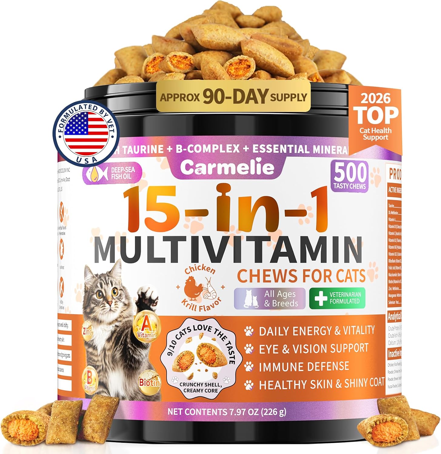 Taurine for Cats Vitamins Treats, 15 in 1 Cat Multivitamin Support Joint, Skin Coat, Digestion, Immunity & Energy, 500 Crunchy & Creamy Chews with Essential Vitamin for Cats All Ages (90-Day Supply)