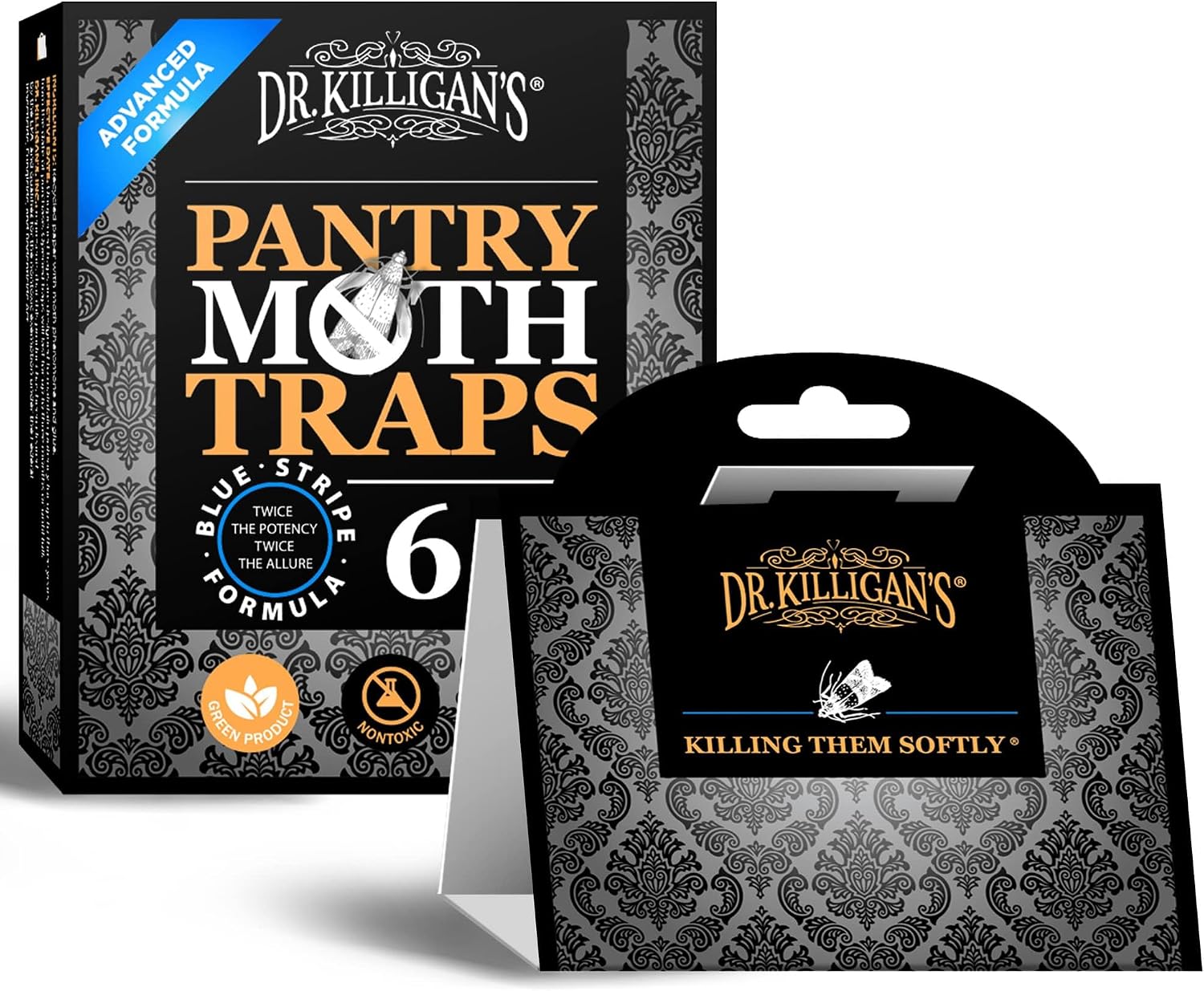 Dr. Killigan's Premium Double Potent Pantry Moth Traps with Pheromones Prime, Sticky Indian Meal Moth Traps for Kitchen, How to Get Rid of Moths in House, Organic Moth Pheromone Traps (6 Pack, Black)