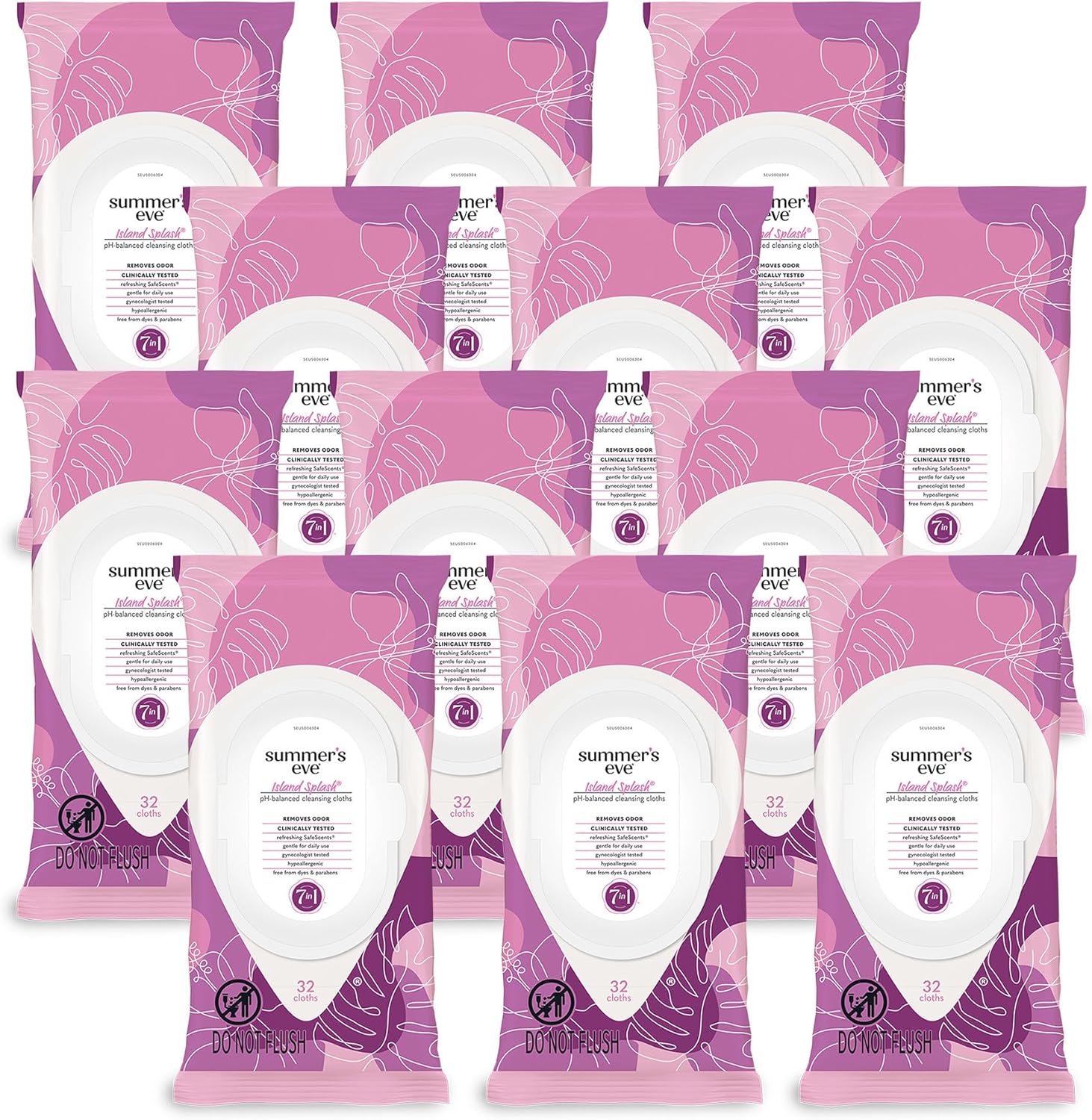 Summer's Eve Island Splash Refreshing Daily Feminine Wipes, Removes Odor, pH Balanced, 32 Count, 12 Pack