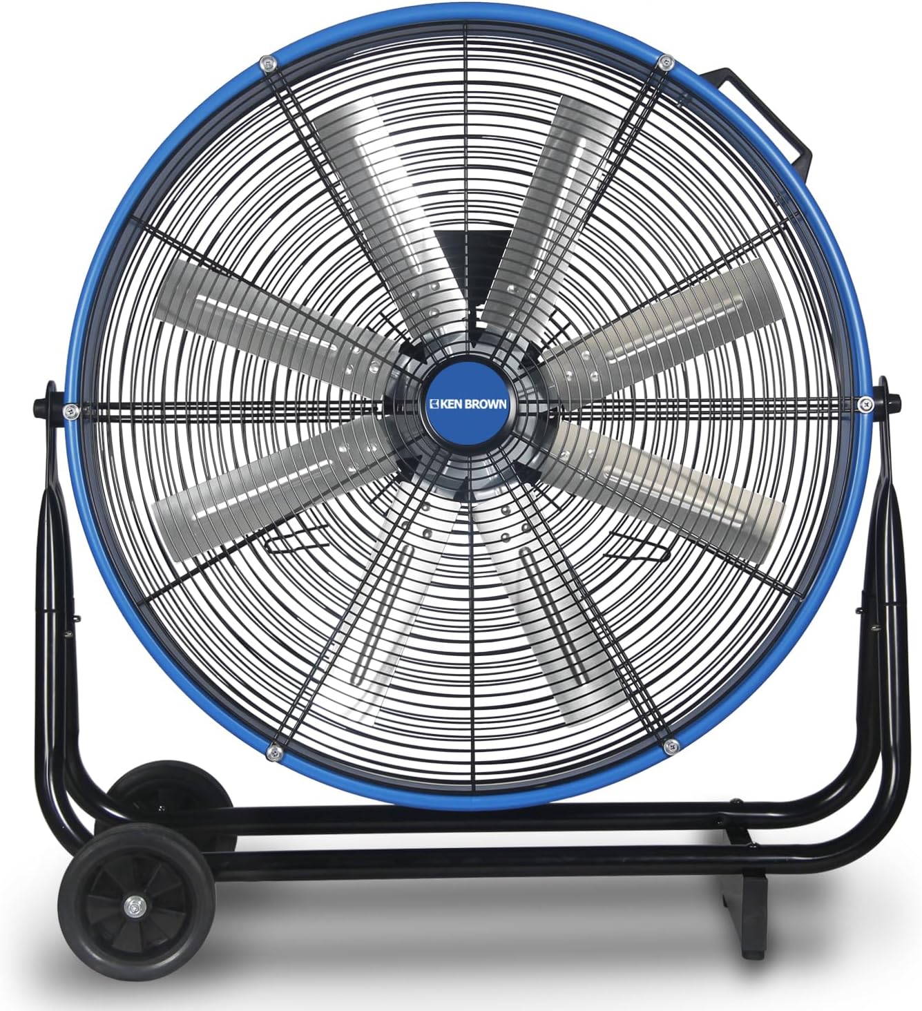 KEN BROWN 24 Inch Industrial Drum Fan, High Velocity Floor Shop Fan, Heavy Duty, 9500 CFM, 8 Blades, 3 Speeds, 360 Degree Tilt, Ideal for Industrial, Commercial, Gym, Garage Use, Blue