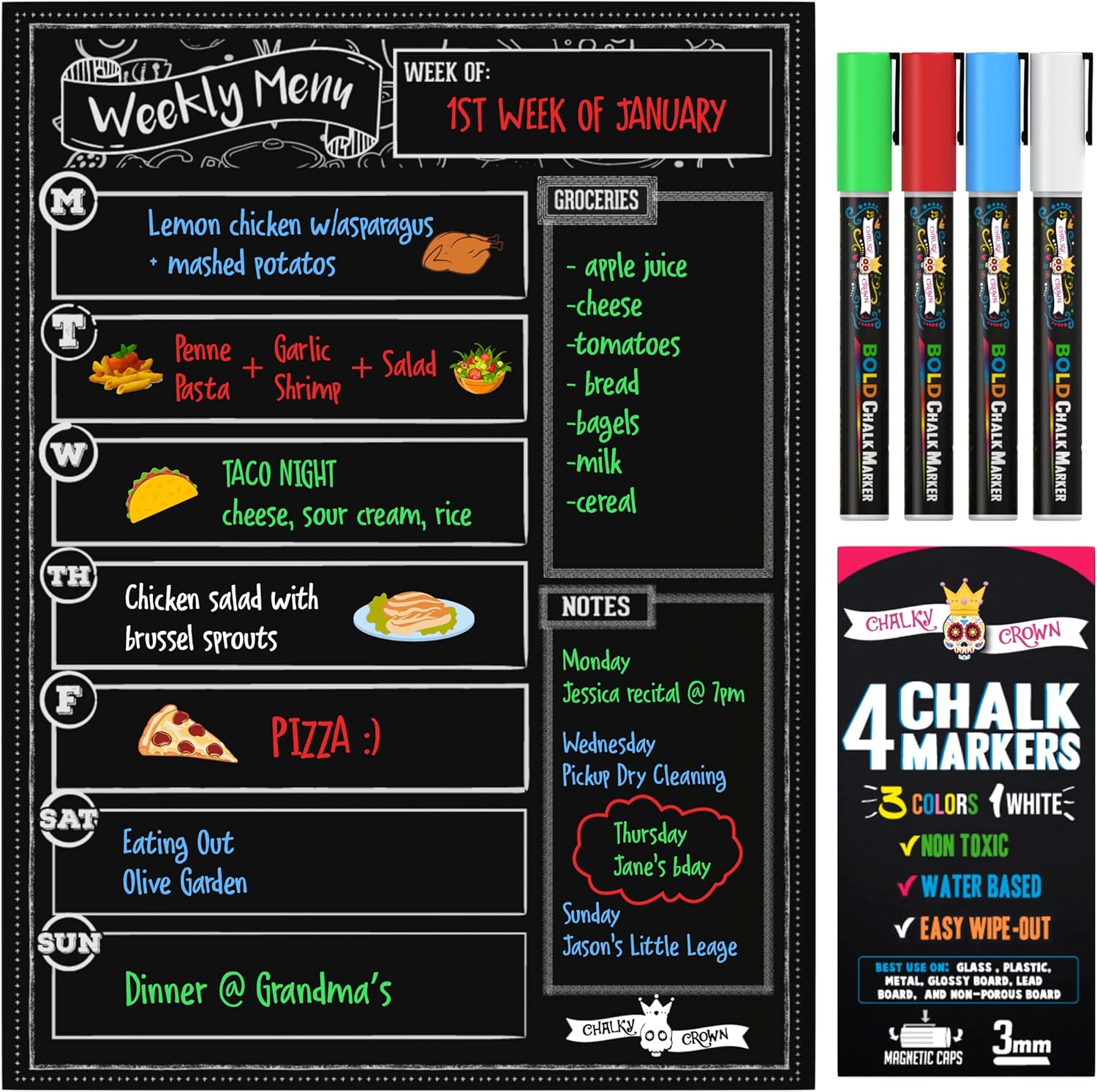 CHALKY CROWN Magnetic Dry Erase Menu Board for Fridge Includes 4 Liquid Chalk Markers - Weekly Meal Planner Blackboard, Grocery List & Notepad for Kitchen Refrigerator - Chalkboard Magnet