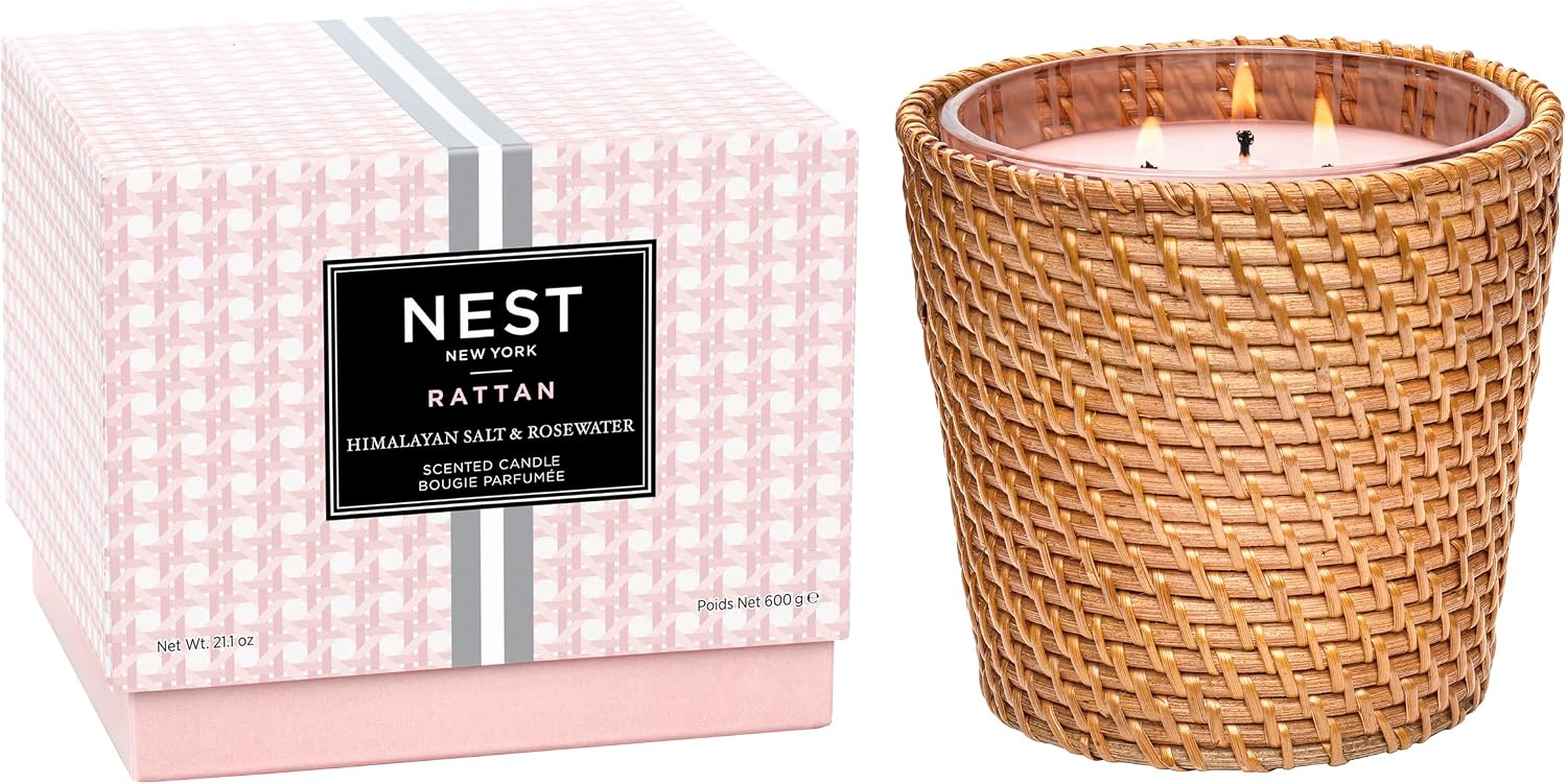 NEST New York Himalayan Salt & Rosewater Scented 3-Wick Candle, Long-Lasting Candle for Home with Rattan Sleeve, 21.2 Oz.
