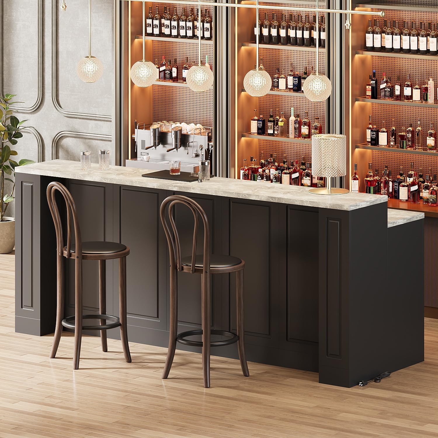 94.5" Large Bar Table Kitchen Station, Home Bar Unit with 3 Charging Socket, 4 Drawers & 2-Tier Shelf, Bar Cabinets Reception Desk for Home Pub Kitchen Storage, Black & Marble Pattern