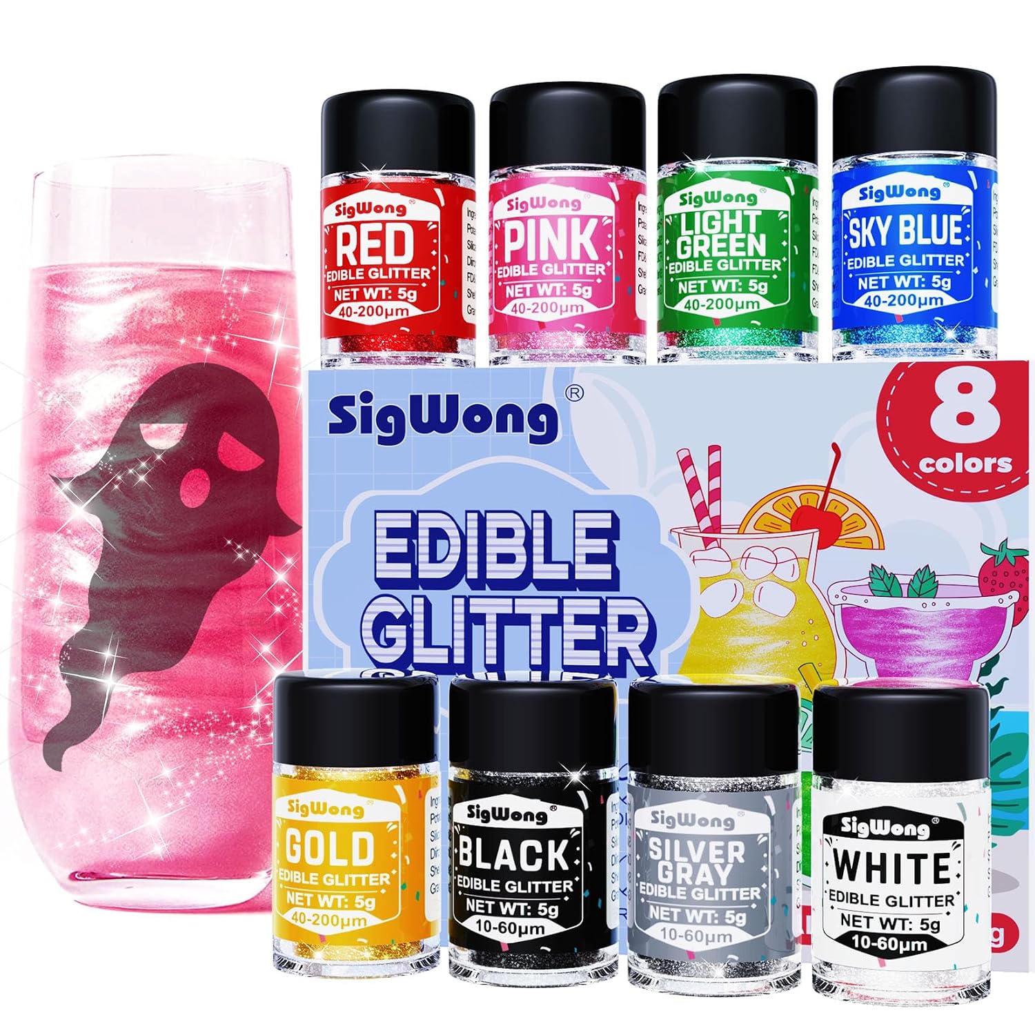 Edible Glitter - 8 Colors Luster Dust Edible Set for Drinks, Food Grade Edible Glitter Dust for Cake Decorating, Cocktail, Fondant, Strawberries, Candy, Halloween Cookie, Chocolate, Vegan and Gluten Free - 5g/bottle