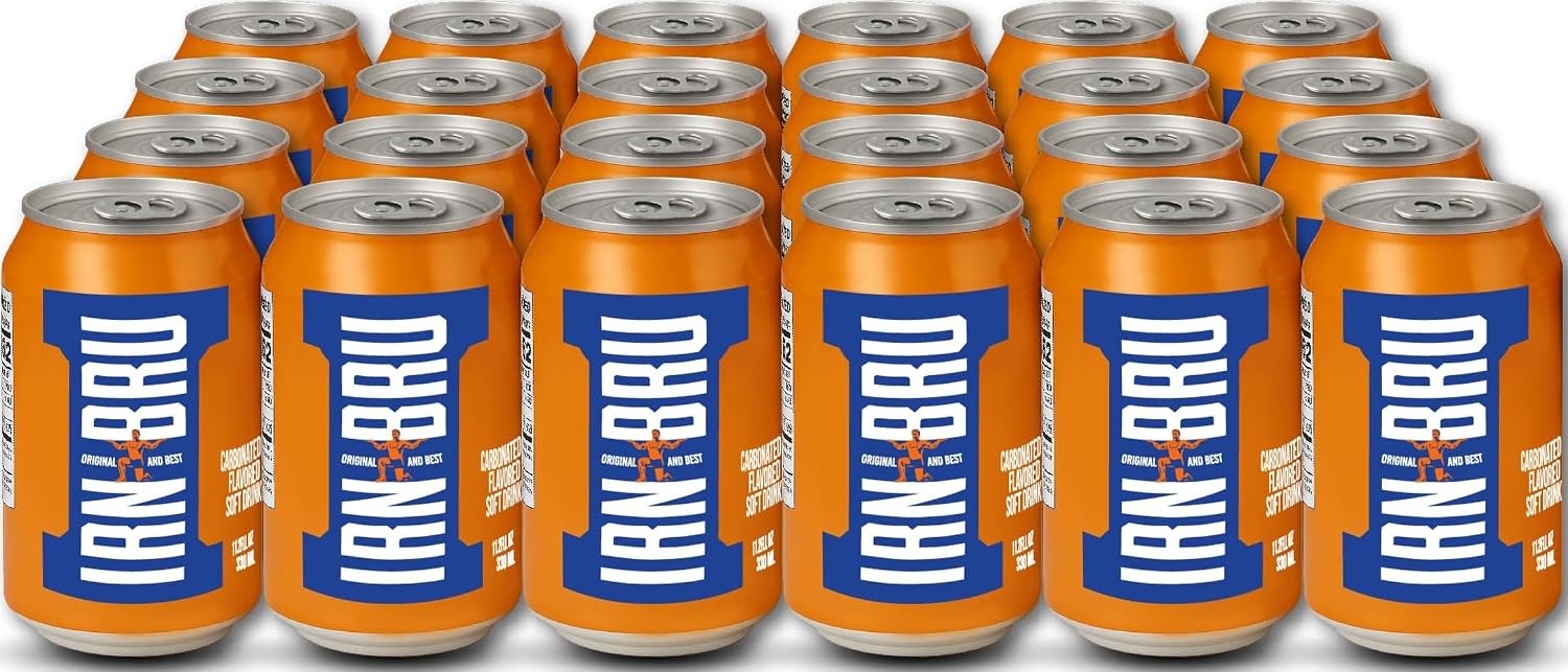 IRN-BRU Original Scottish Sparkling Soda, Citrus Flavored Carbonated Drink - Sparkling Flavored Soft Drink, 32 Flavor Recipe, 11.1 fl oz Cans, Pack of 24