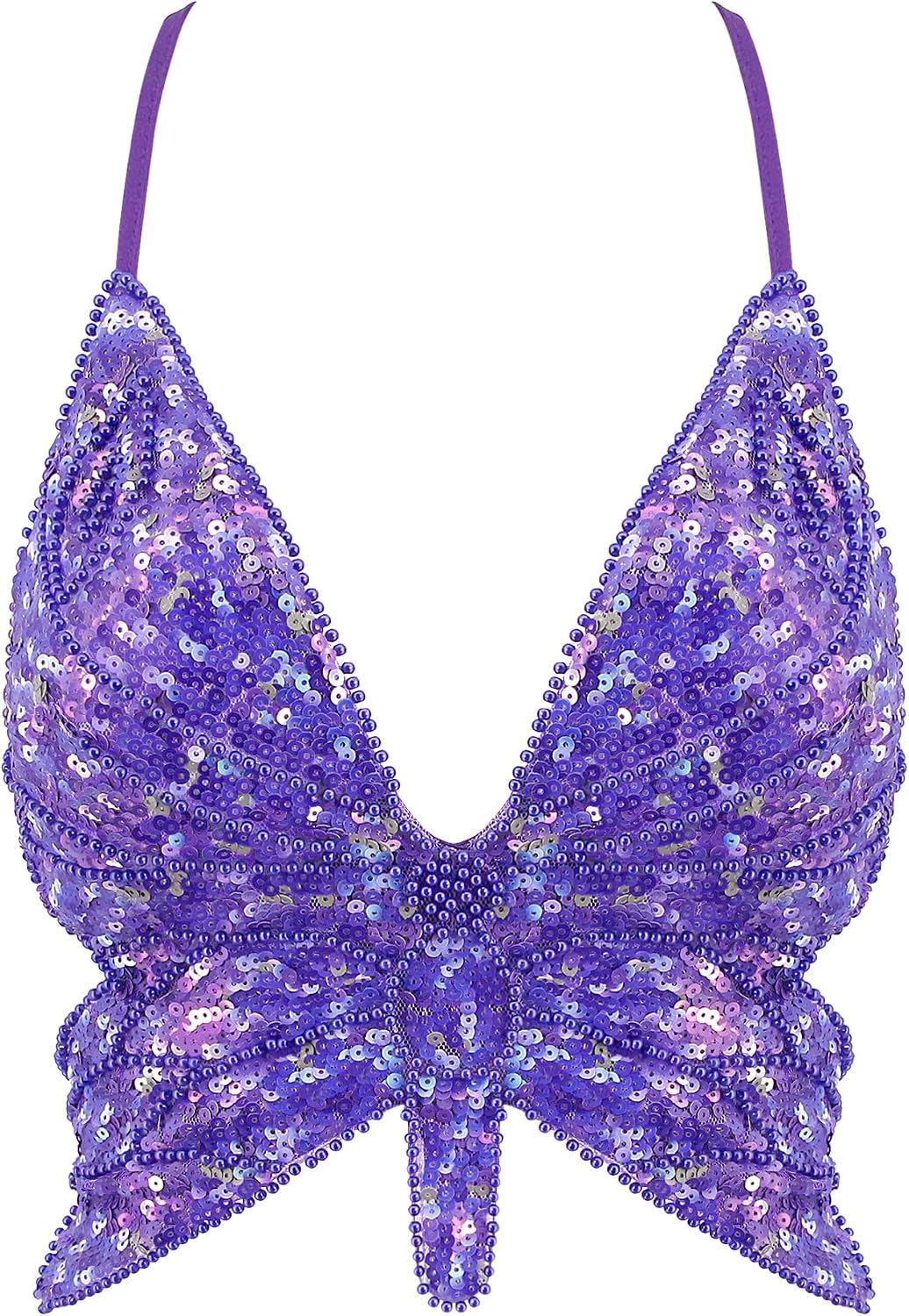 Womens Glitter Sequin Butterfly Crop Top Low-Cut Tank Top Rave Tube Vest Top for Belly Dance Costume Outfits