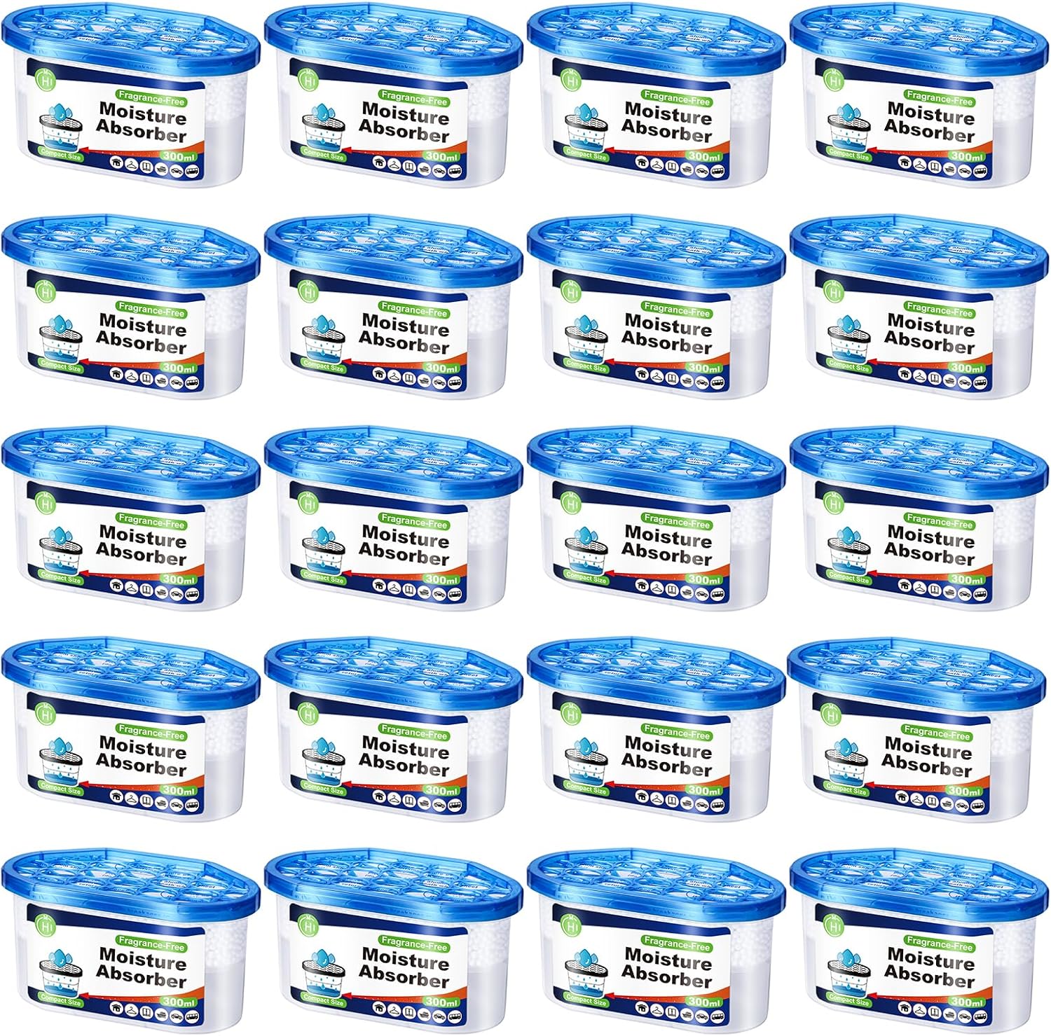 CHMI Moisture Absorbers 20 Pack, Attract and Trap Excess Moisture from Your Bathroom, Kitchen,Closet, Eliminate Musty Odors,Odor Eliminator with Fragrance Free, 6.4oz, 300ml.