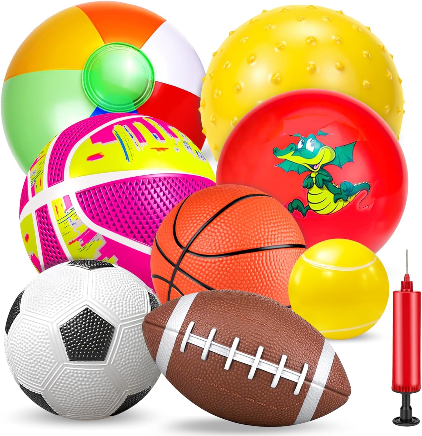 Ynanimery Set of 8 Sport Toy Ball for Toddler 1-3 with Basketball,Soccer, Beach Balls, Acanthosphere -Soft Balls for kids Boys Girls Indoor Outdoor Toy for Beach Playground Yard with Pump