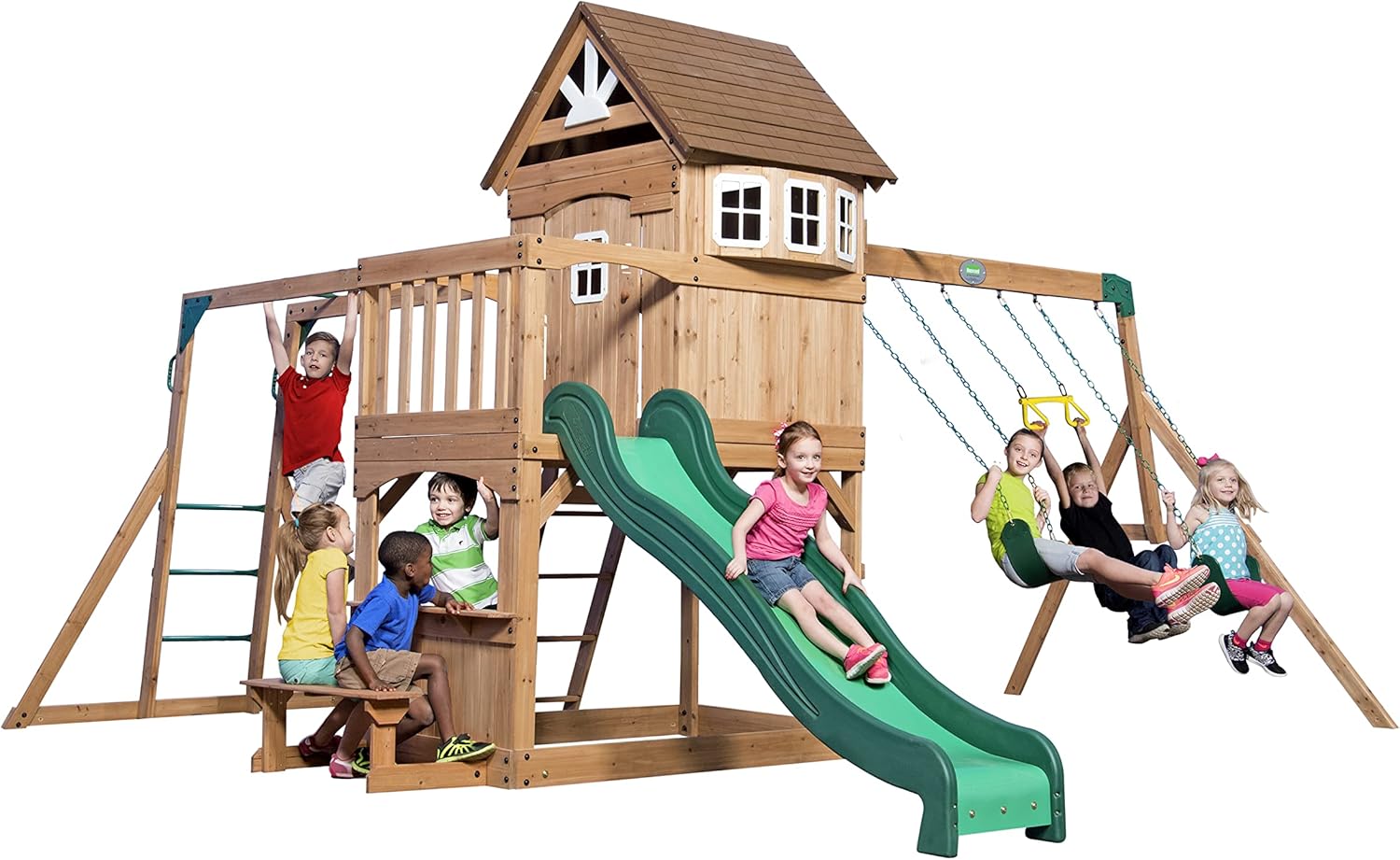 Backyard Discovery Montpelier Cedar Wood Swing Set with Wave Slide,Clubhouse, Monkey Bars, Picnic Area, Snack Bar, Belt Swings, Trapeze, Balcony, Playhouse, Working Door, Ladder, Outdoor Playset