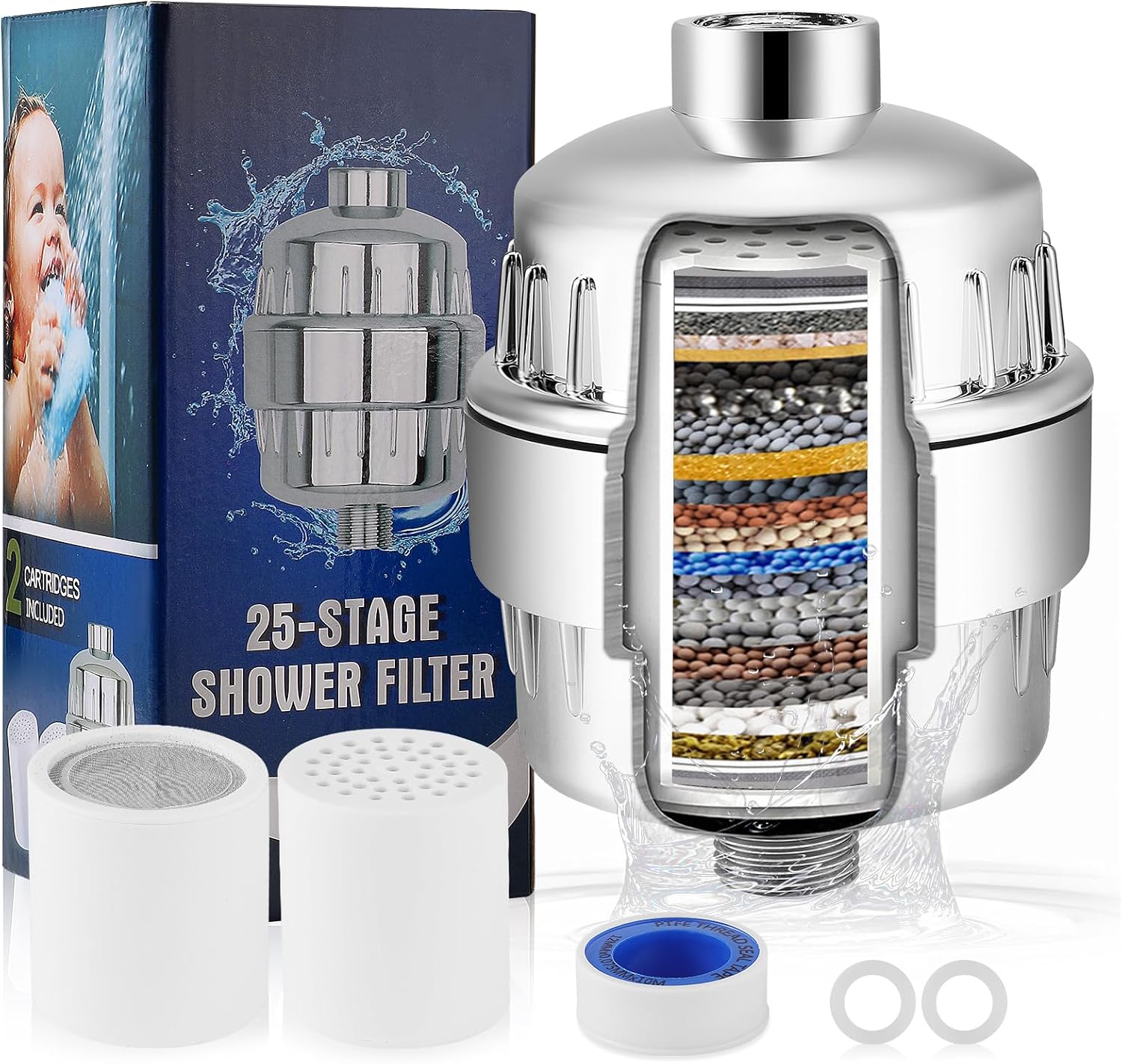25 Stage Shower Filter with Vitamin C for Hard Water, Shower Head Filter with Replaceable Multi-Stage Filter Cartridges, Hard Water Filter Shower Head for Removing Chlorine Heavy Metal