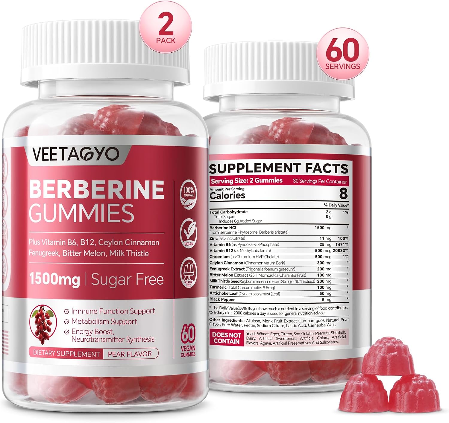 VEETAGYO 1500mg Berberine Supplement Gummies 120Cts