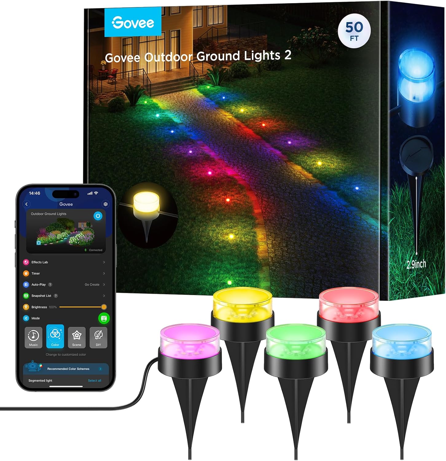 Govee Outdoor Ground Lights 2, 50ft Patio Decorations, 15 Pack RGBIC Pathway Lights with 100LM Warm White, IP67 Waterproof, 63 Scene Modes, Works with Alexa, Google Assistant