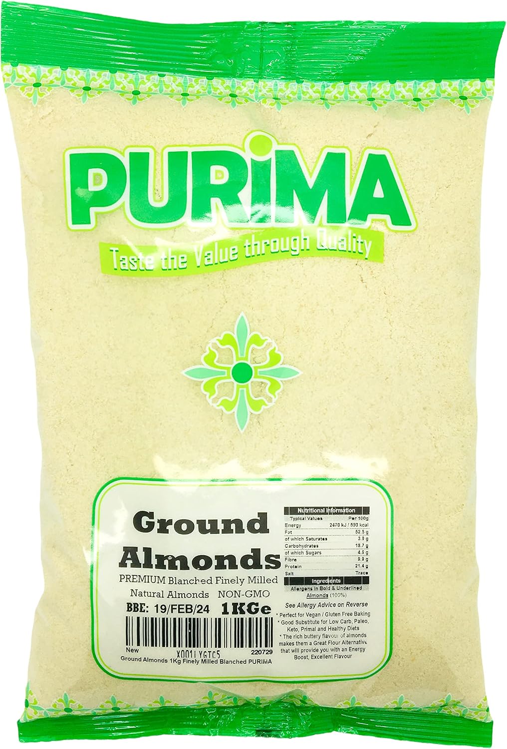 Ground Almonds 1kg - Fine Blanched Finely Milled Almond Flour for Baking Blanch Meal Powder Bulk Bag Box Super Macarons Keto Low Carb Natural Paleo Vegan Bread Spain USA Prime UK - PURIMA