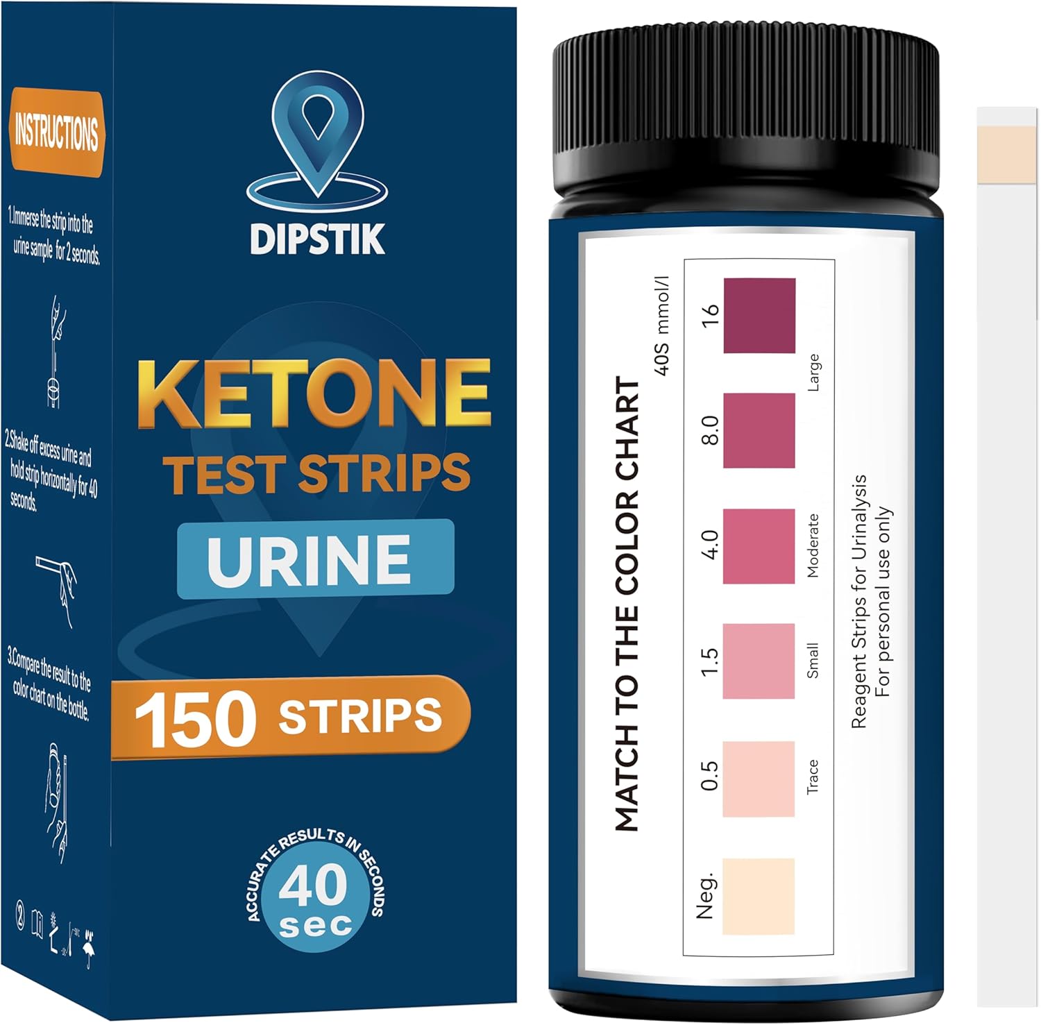 DIPSTIK Ketone Test Strips, 150 Strips Keto Strips Urine Test for Ketosis Home Quick and Reliable Results