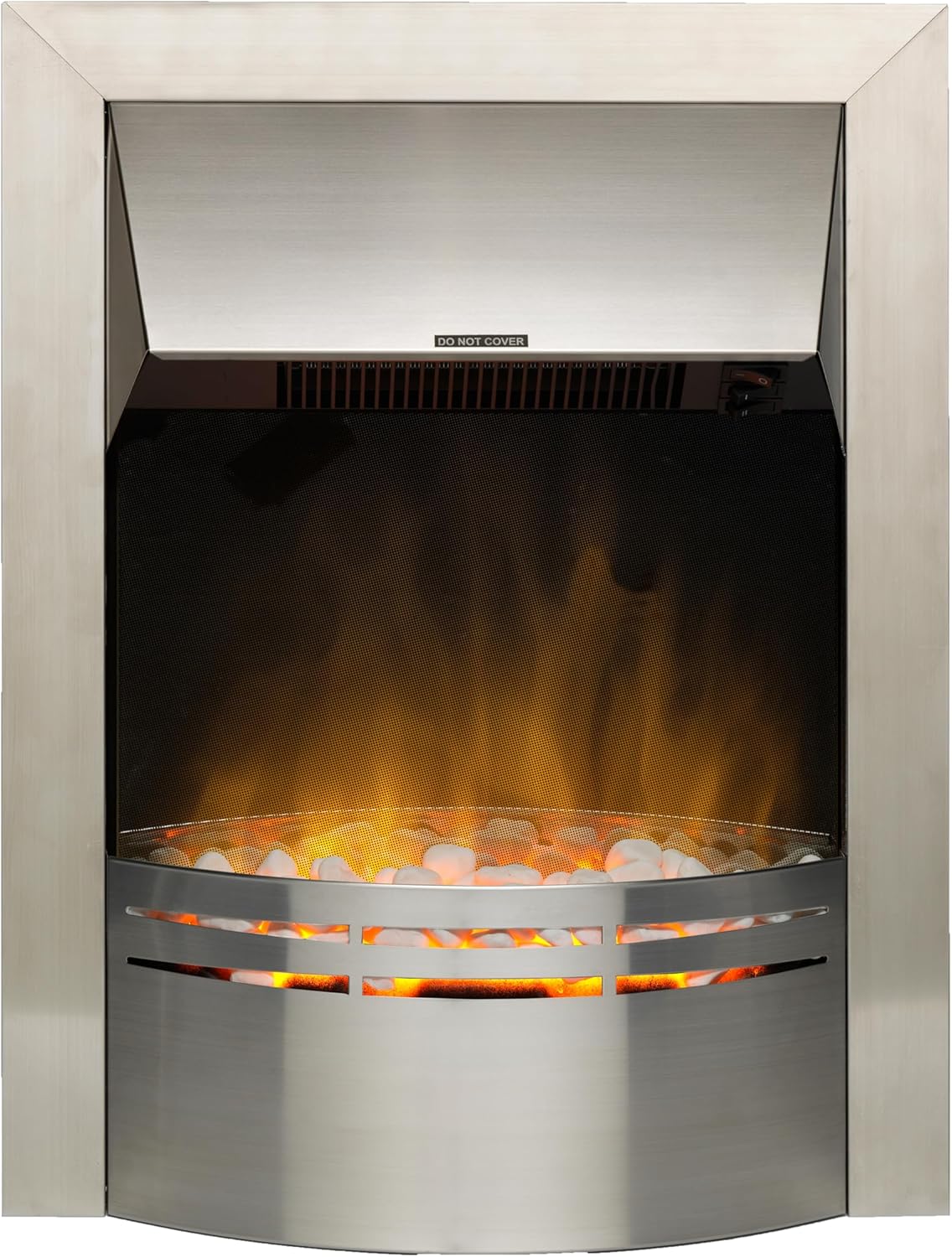 Dimplex Dakota Optiflame Inset Electric Fire, Modern Brushed Stainless Steel Electric Flame Effect Fire, White Pebble Fuel Bed, 2kW Fan Heater and 1000/2000 Watt Settings, Inset (Recess) Depth 7cm